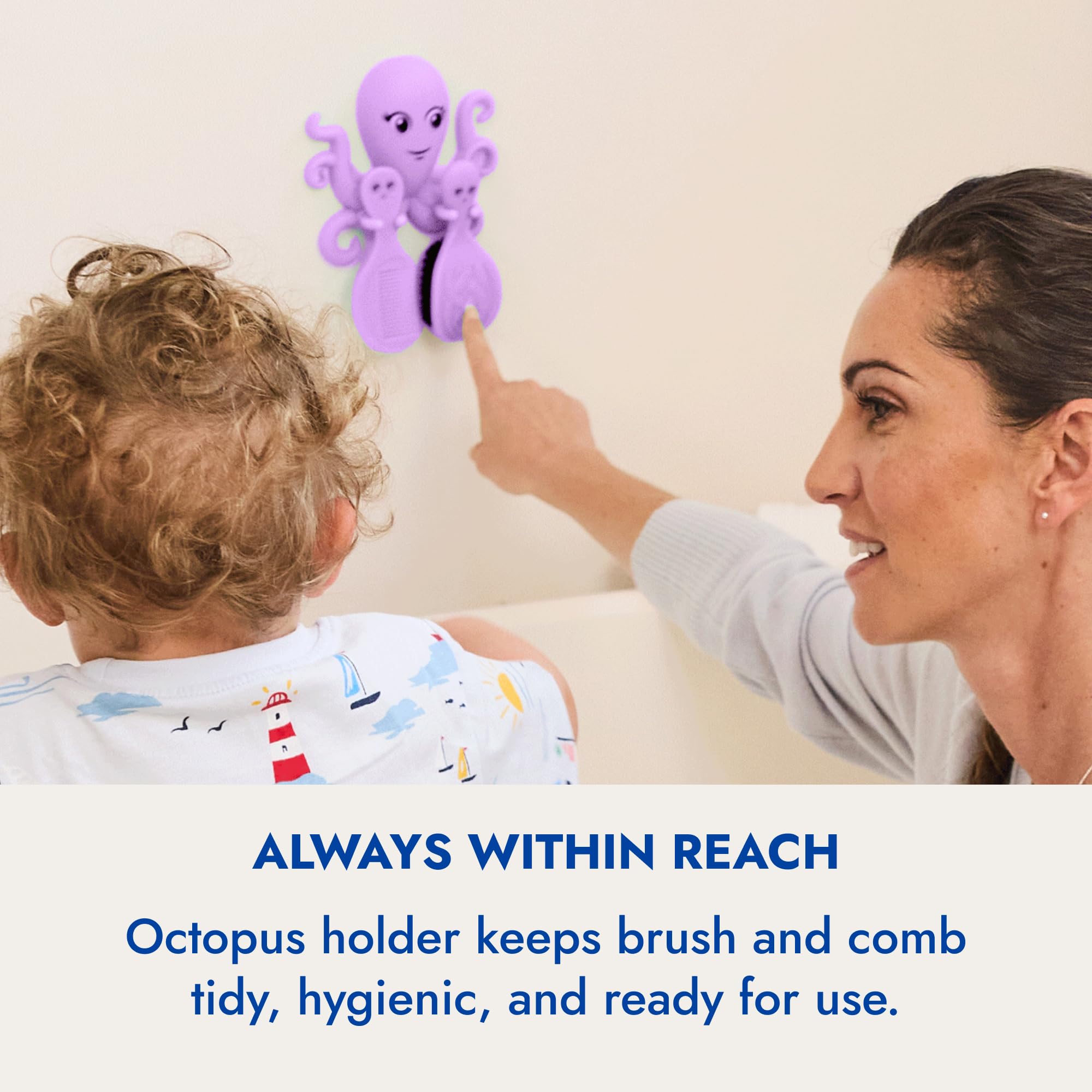 Ninabella Octo Baby Hair Brush with Comb Set — From Birth to 18 Months | No-Drill Wall Holder