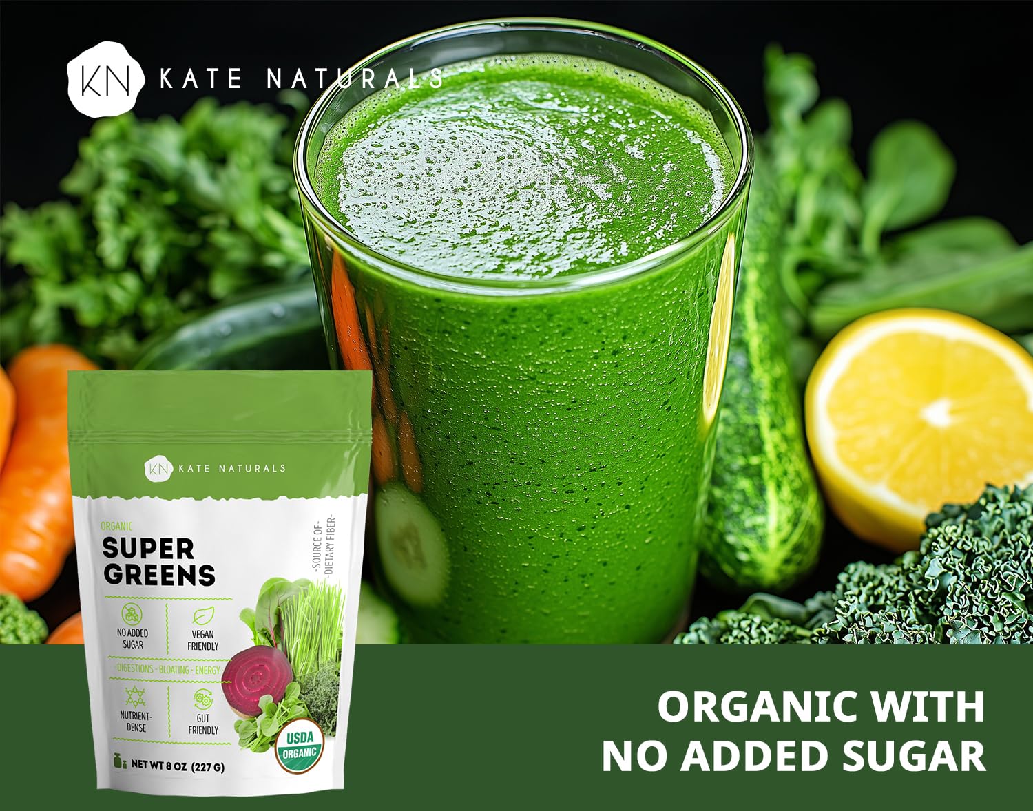 Kate Naturals Organic Super Greens Powder | Probiotics & Fiber, 30 Servings, 8oz