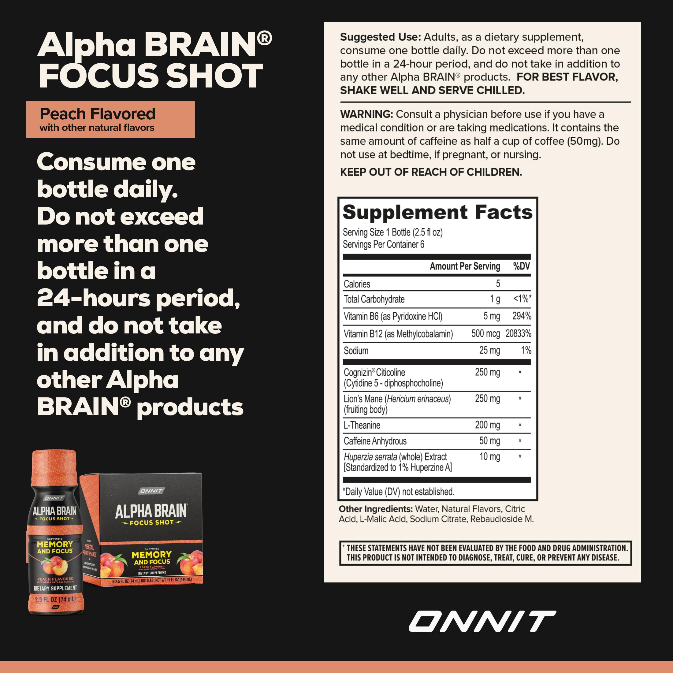 ONNIT Alpha Brain Focus Shot – Peach Flavor | Ready-to-Drink Nootropic for Focus, Energy & Mood | Non-GMO