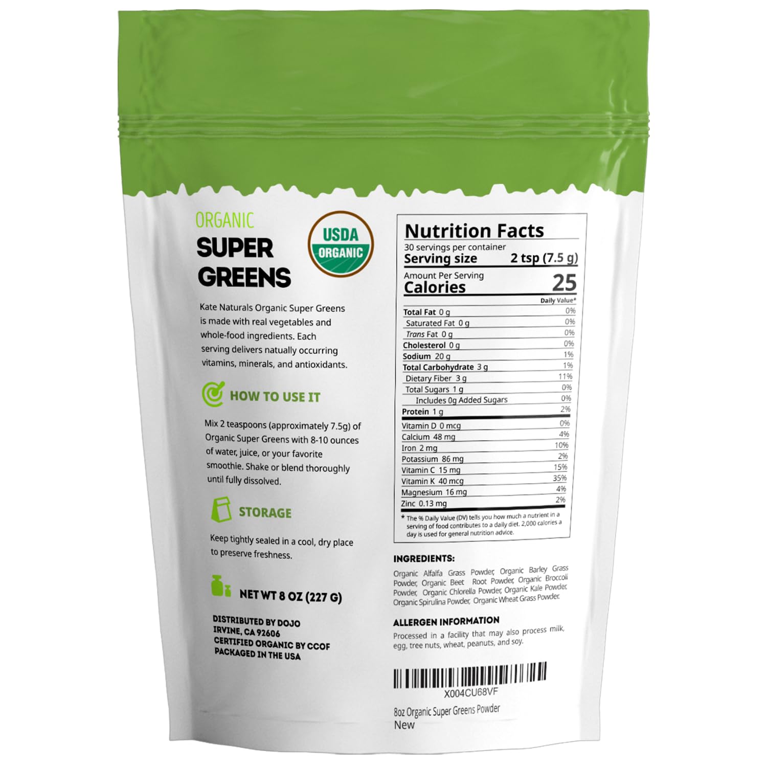 Kate Naturals Organic Super Greens Powder | Probiotics & Fiber, 30 Servings, 8oz