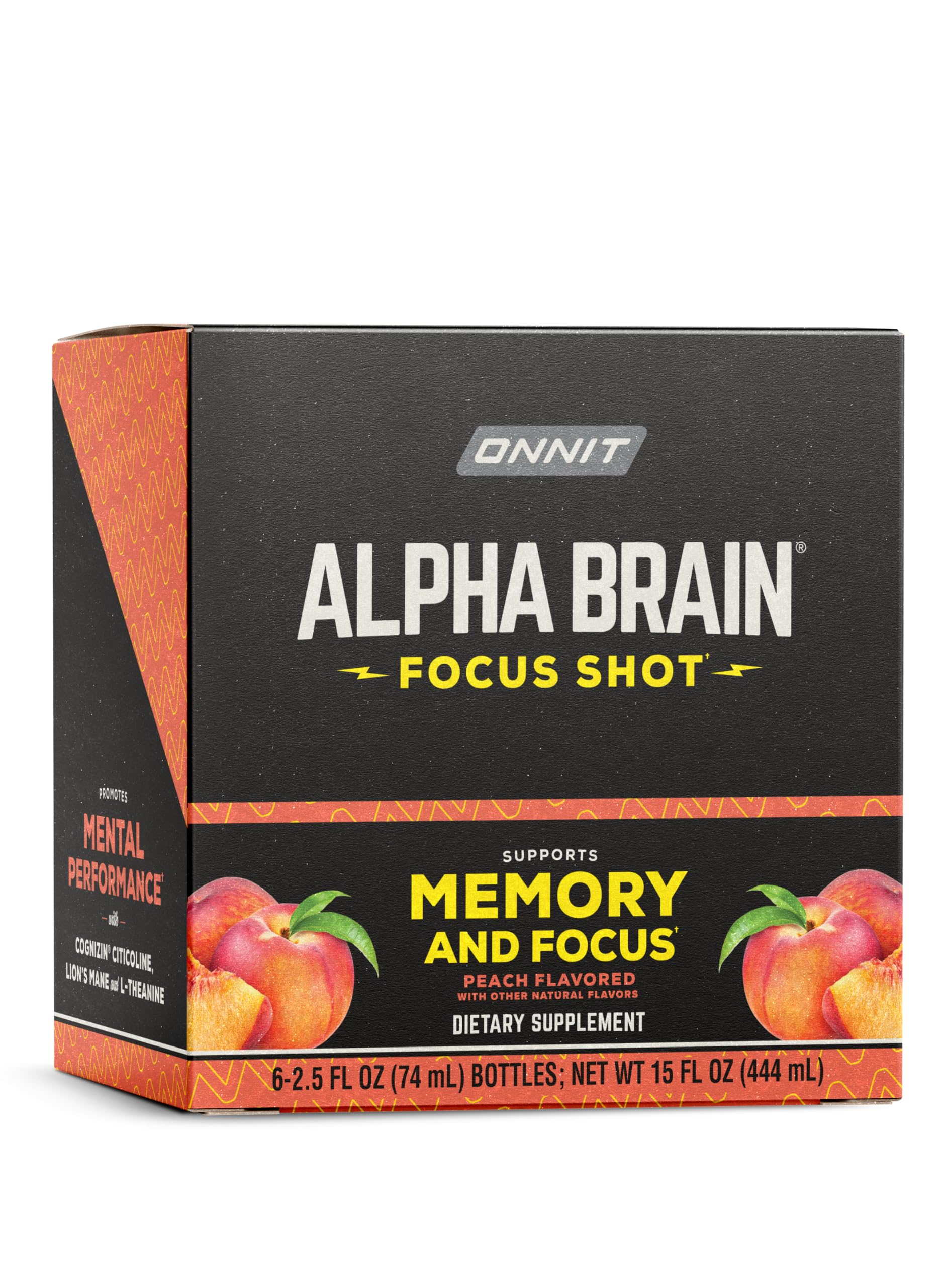 ONNIT Alpha Brain Focus Shot – Peach Flavor | Ready-to-Drink Nootropic for Focus, Energy & Mood | Non-GMO