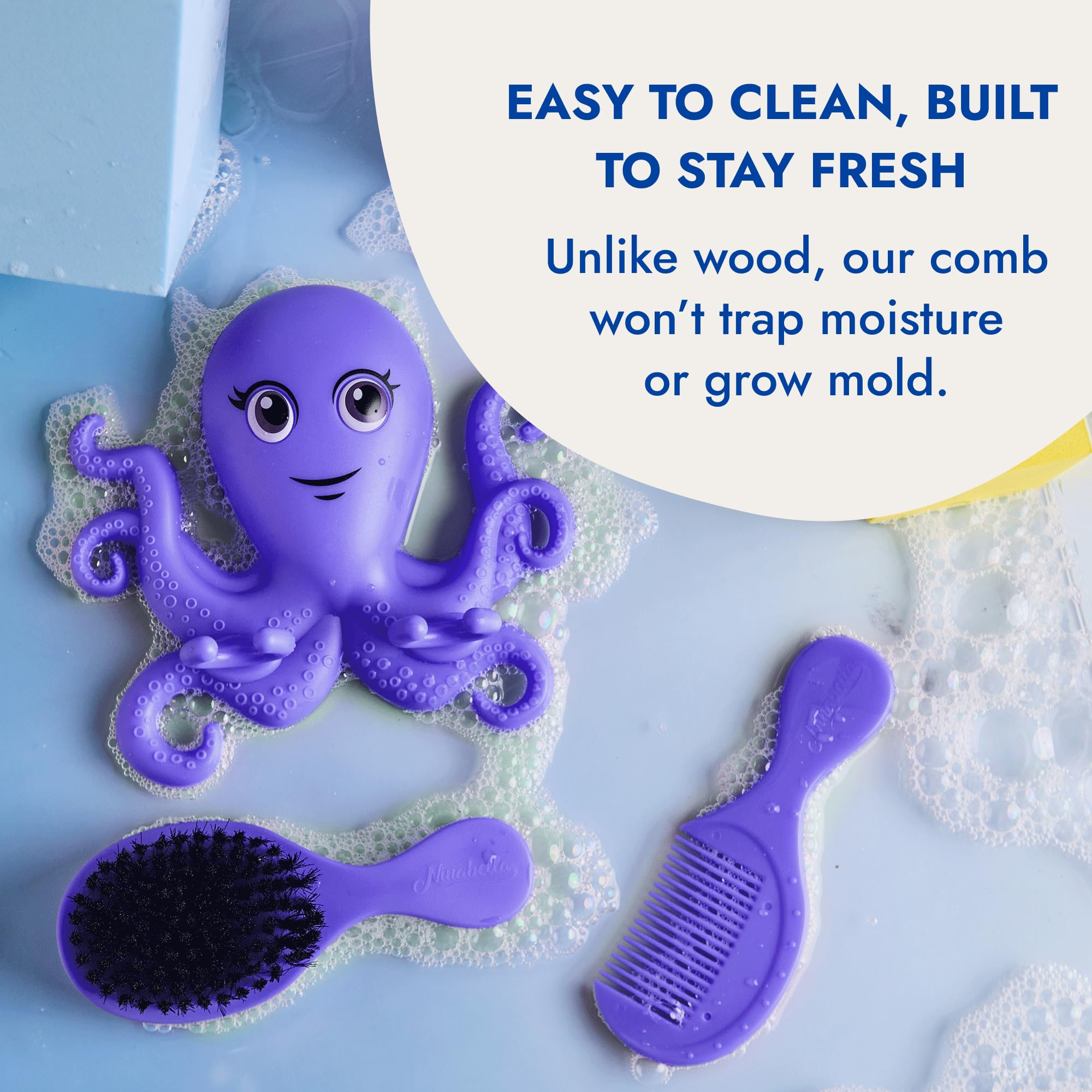 Ninabella Octo Baby Hair Brush & Comb for Newborns – Wall Mount Holder, Soft Bristles, 0–18 Months – Fresh Purple