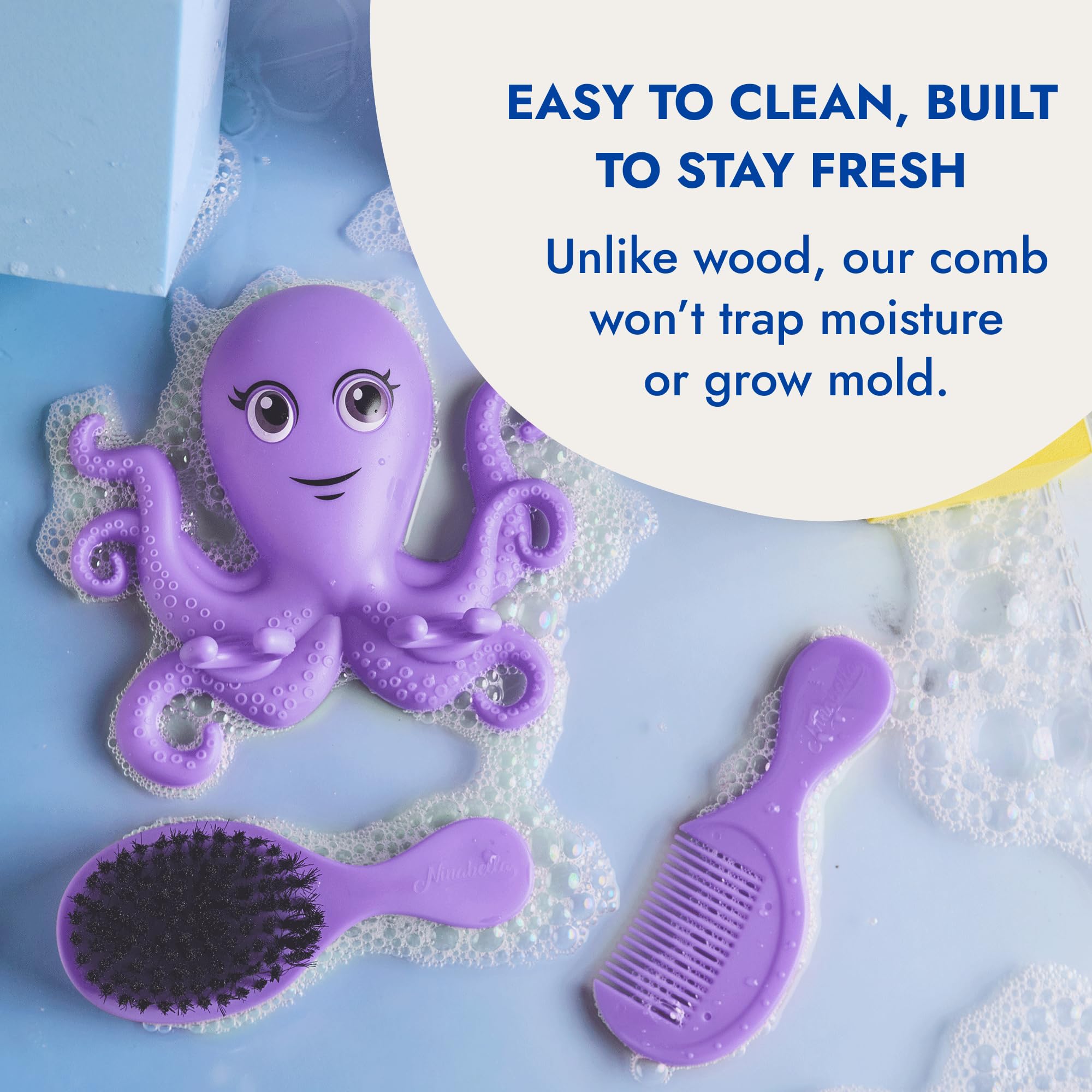 Ninabella Octo Baby Hair Brush with Comb Set — From Birth to 18 Months | No-Drill Wall Holder