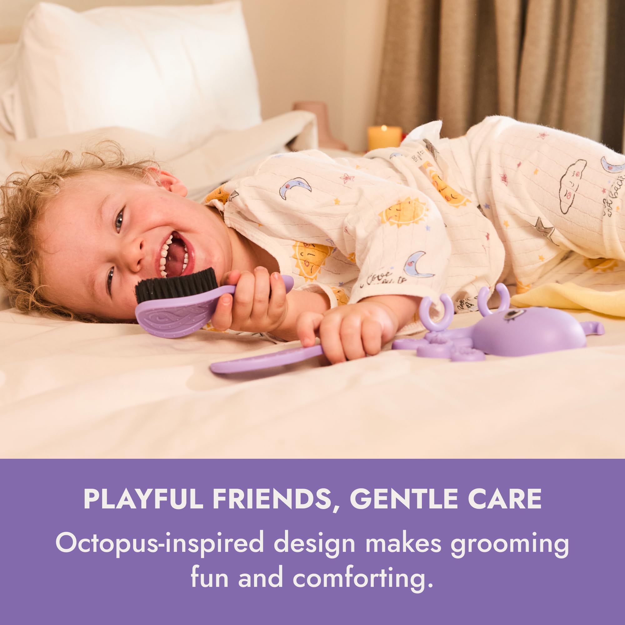 Ninabella Octo Baby Hair Brush with Comb Set — From Birth to 18 Months | No-Drill Wall Holder