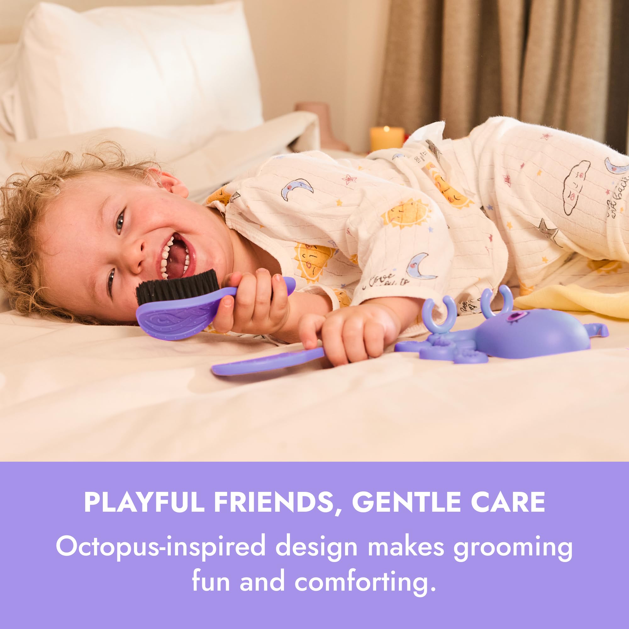 Ninabella Octo Baby Hair Brush & Comb for Newborns – Wall Mount Holder, Soft Bristles, 0–18 Months – Fresh Purple