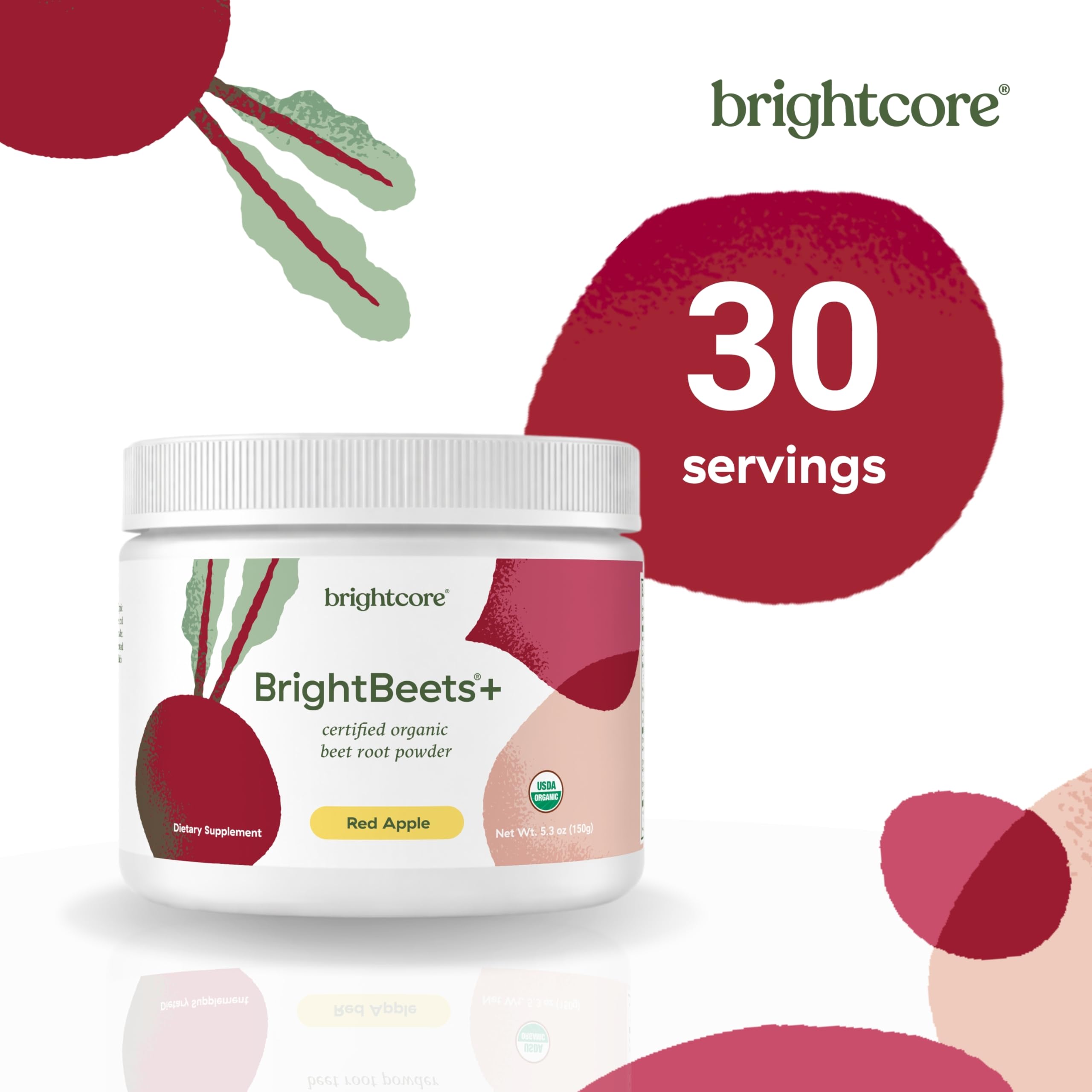 Brightcore BrightBeets Beet Powder – Red Apple Flavor, 150 g, 30 Servings