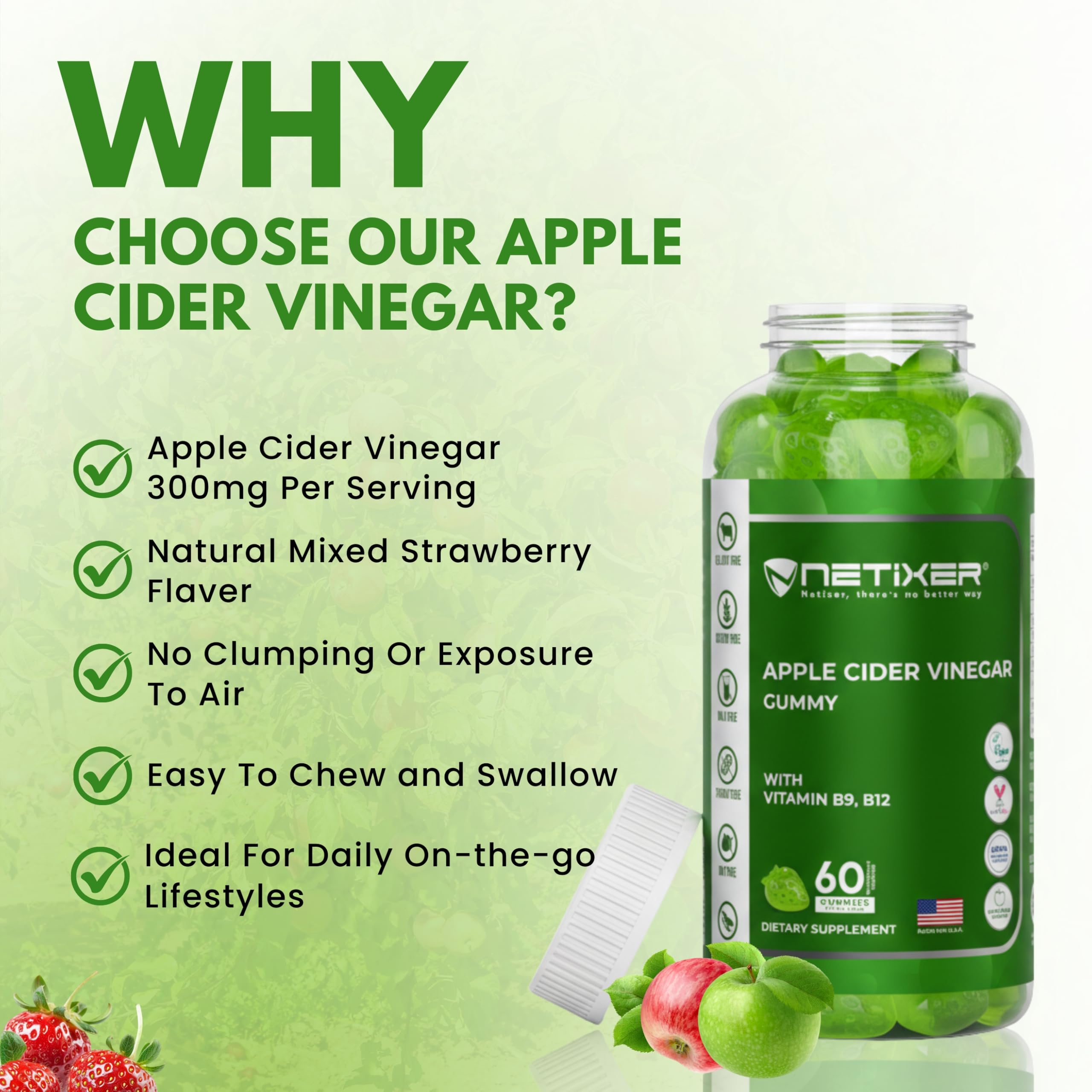 nETiXER Apple Cider Vinegar Gummies – 350mg per Gummy, 60 Count, Vegan