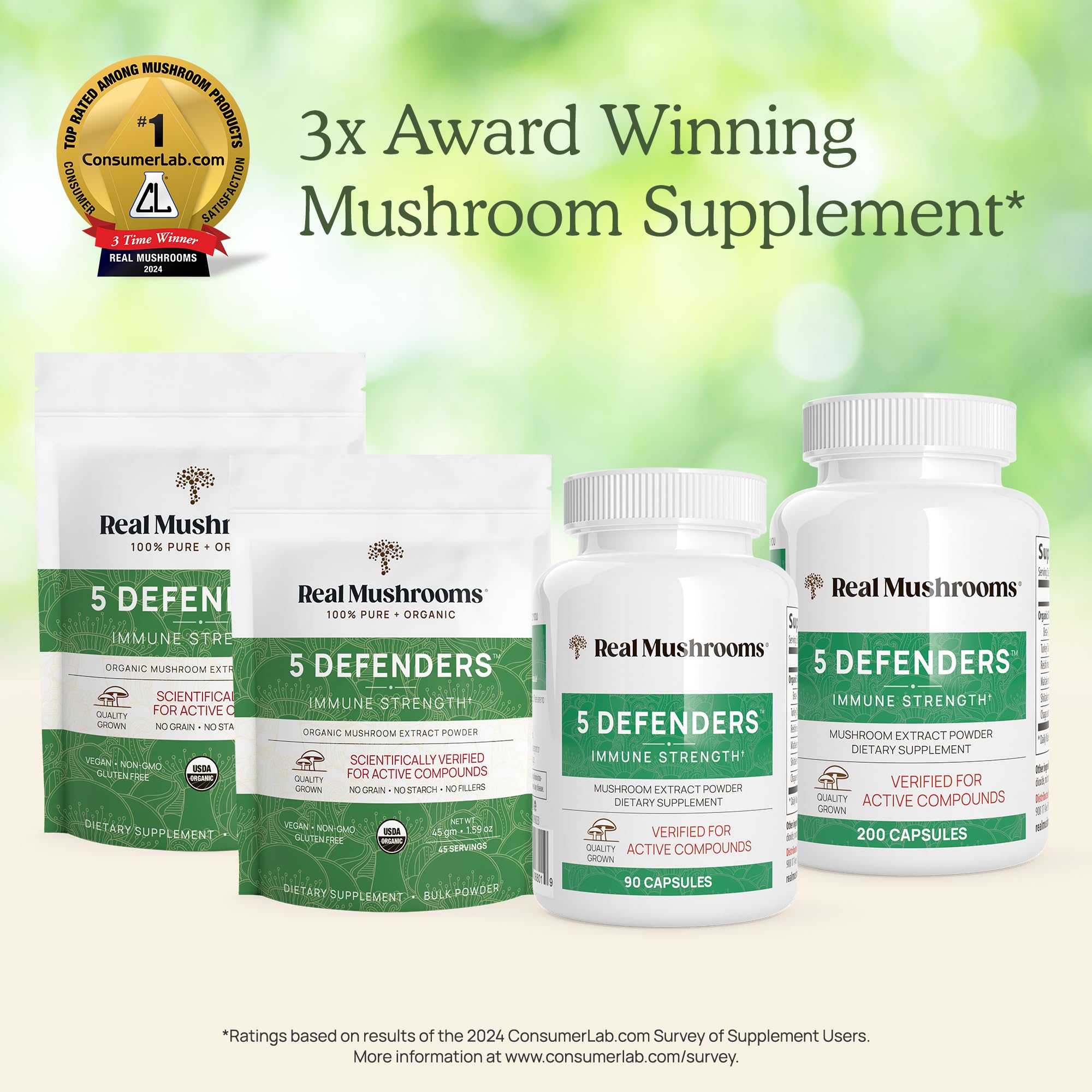 Real Mushrooms 5 Defenders Mushroom Complex – Organic 5-Mushroom Blend, Beta-Glucan Capsules (200 Count)