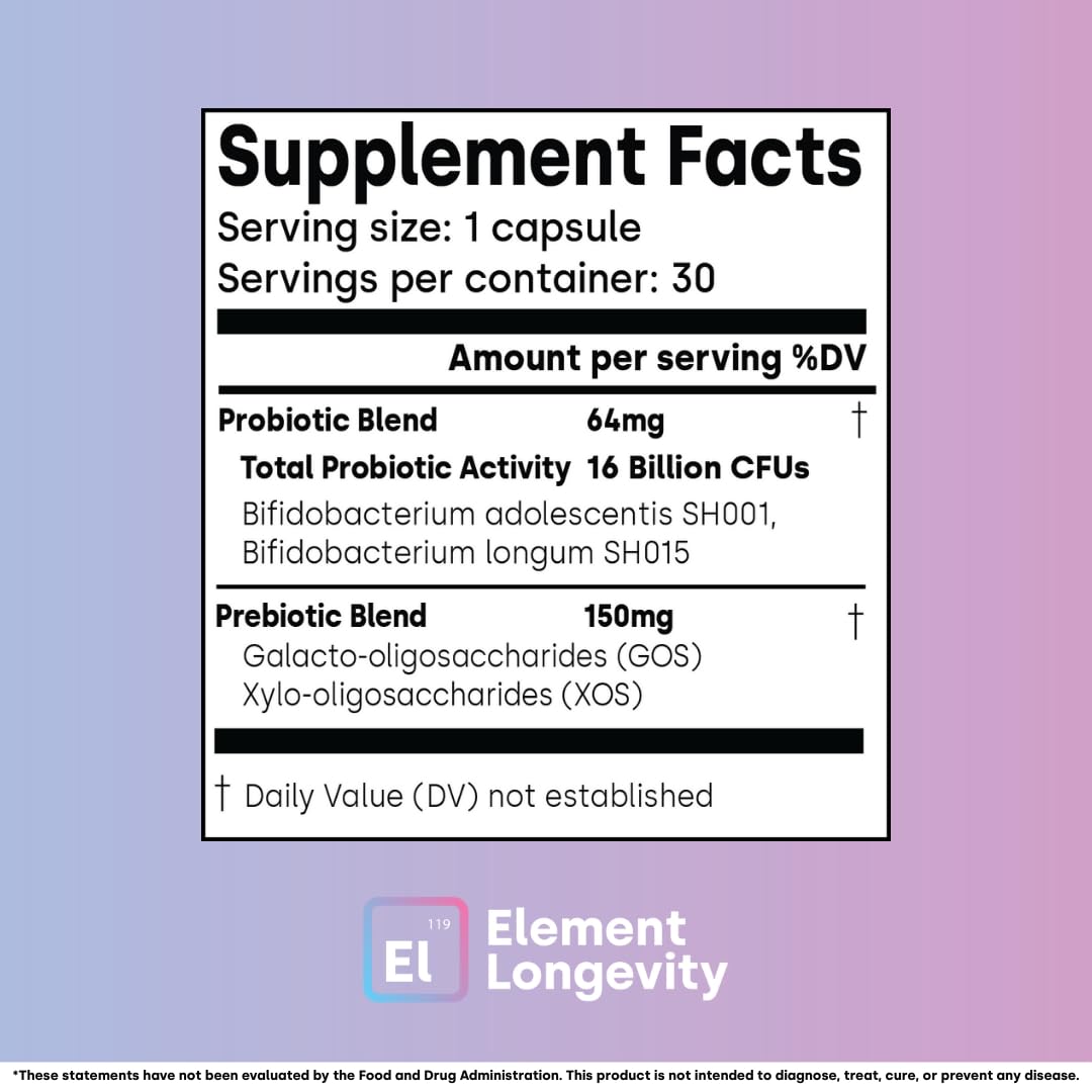 Element Longevity Human Native Bifidobacterium Adolescentis Probiotic | Synbiotic Digestive Support | 30-Count (30 Day Supply)