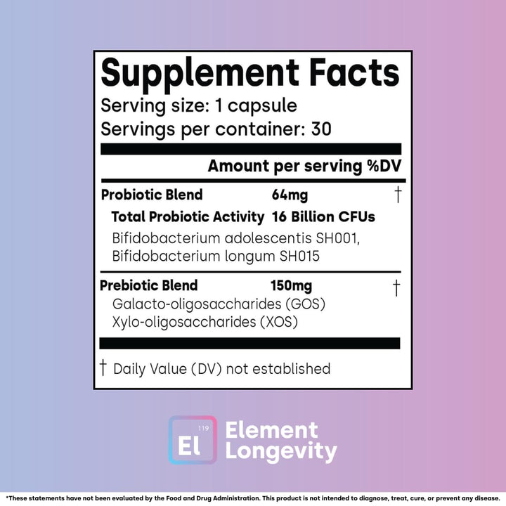Product image 8: Element Longevity Human Native Bifidobacterium Adolescentis Probiotic | Synbiotic Digestive Support | 30-Count (30 Day Supply)