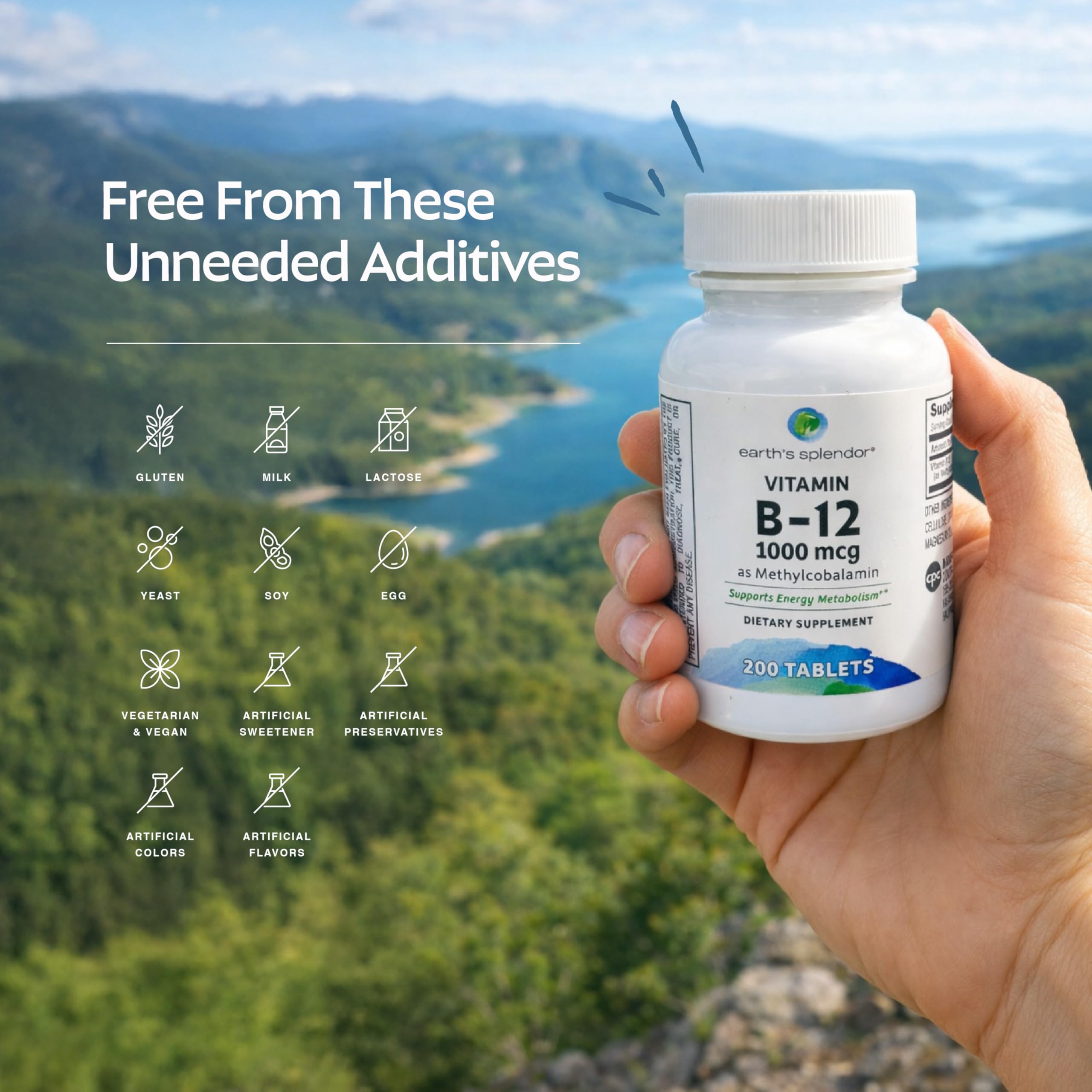 Earth's Splendor Energy Supplements with Vitamin B12 (1000mcg) – 400 Tablets, Gluten Free