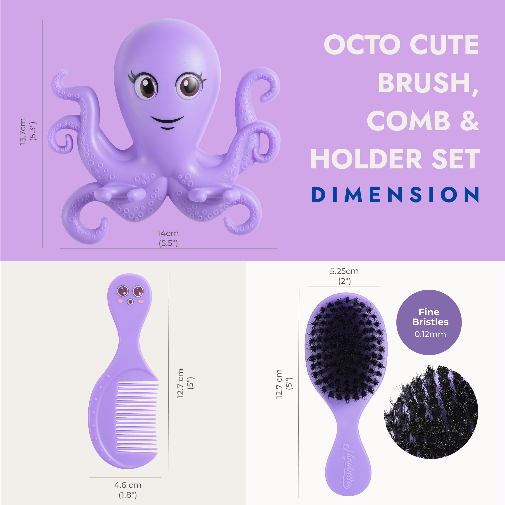 Ninabella Octo Baby Hair Brush with Comb Set — From Birth to 18 Months | No-Drill Wall Holder