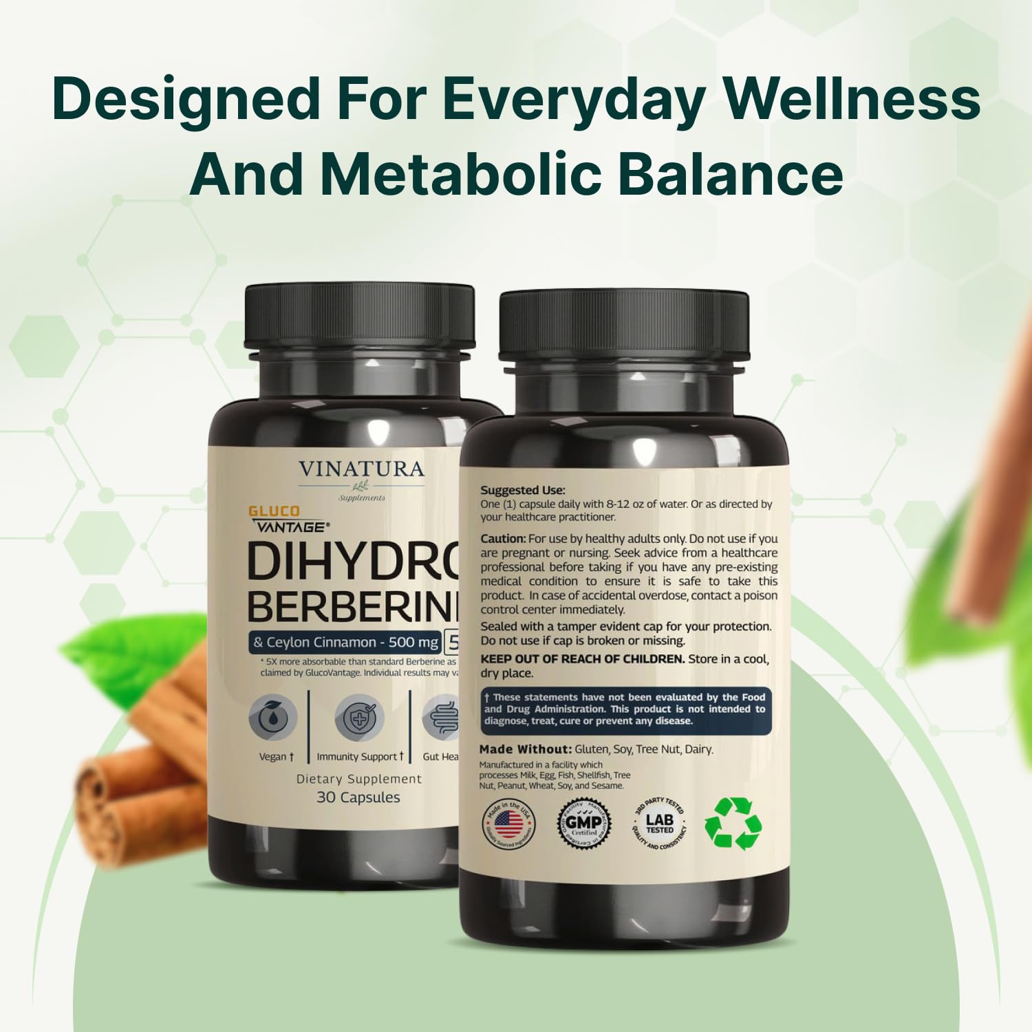 VINATURA Dihydroberberine with Ceylon Cinnamon 500mg | GlucoVantage Berberine, 30 Caps