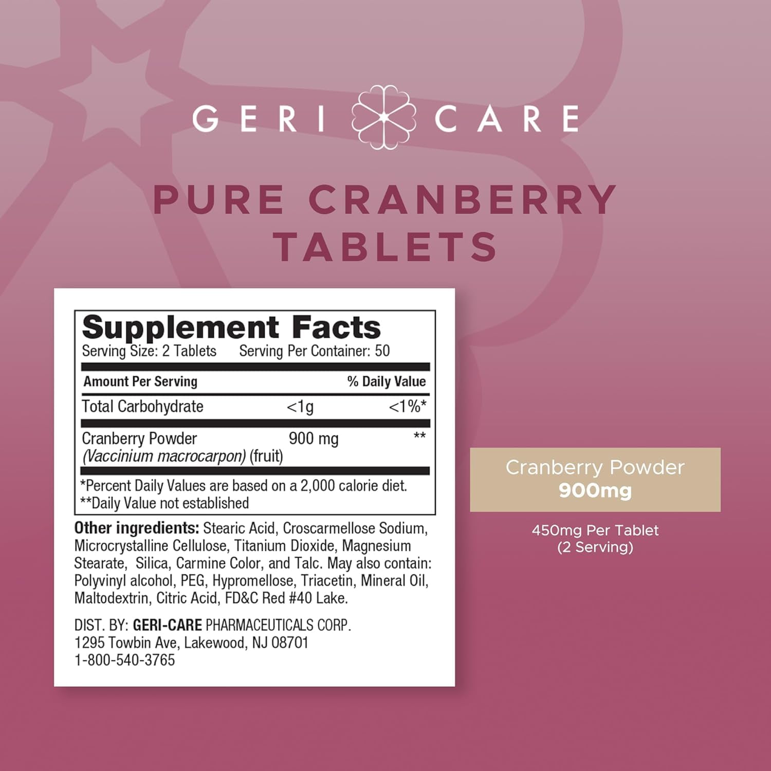 GeriCare High-Potency Cranberry Supplement – 450mg Cranberry Tablets, 100 Count (2pk) – UTI Support, GMO-Free, Gluten-Free