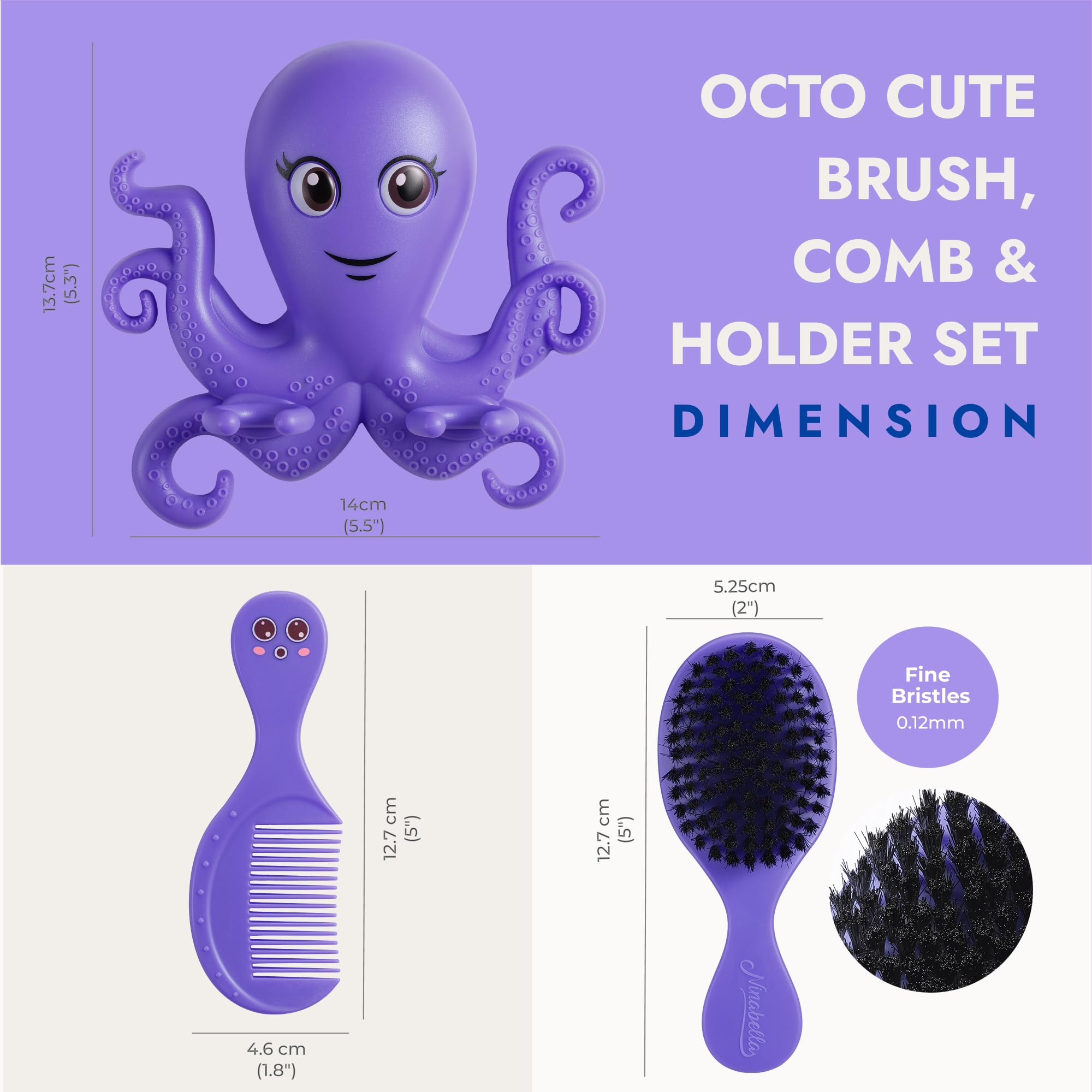 Ninabella Octo Baby Hair Brush & Comb for Newborns – Wall Mount Holder, Soft Bristles, 0–18 Months – Fresh Purple