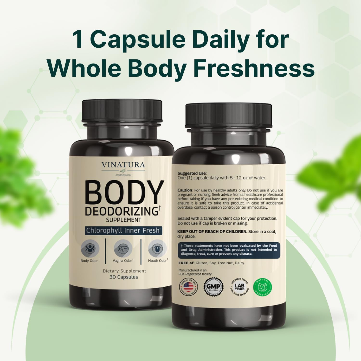 VINATURA Body Deodorizing Supplement for Women – Chlorophyll Pills for Internal Freshness | 30 Capsules