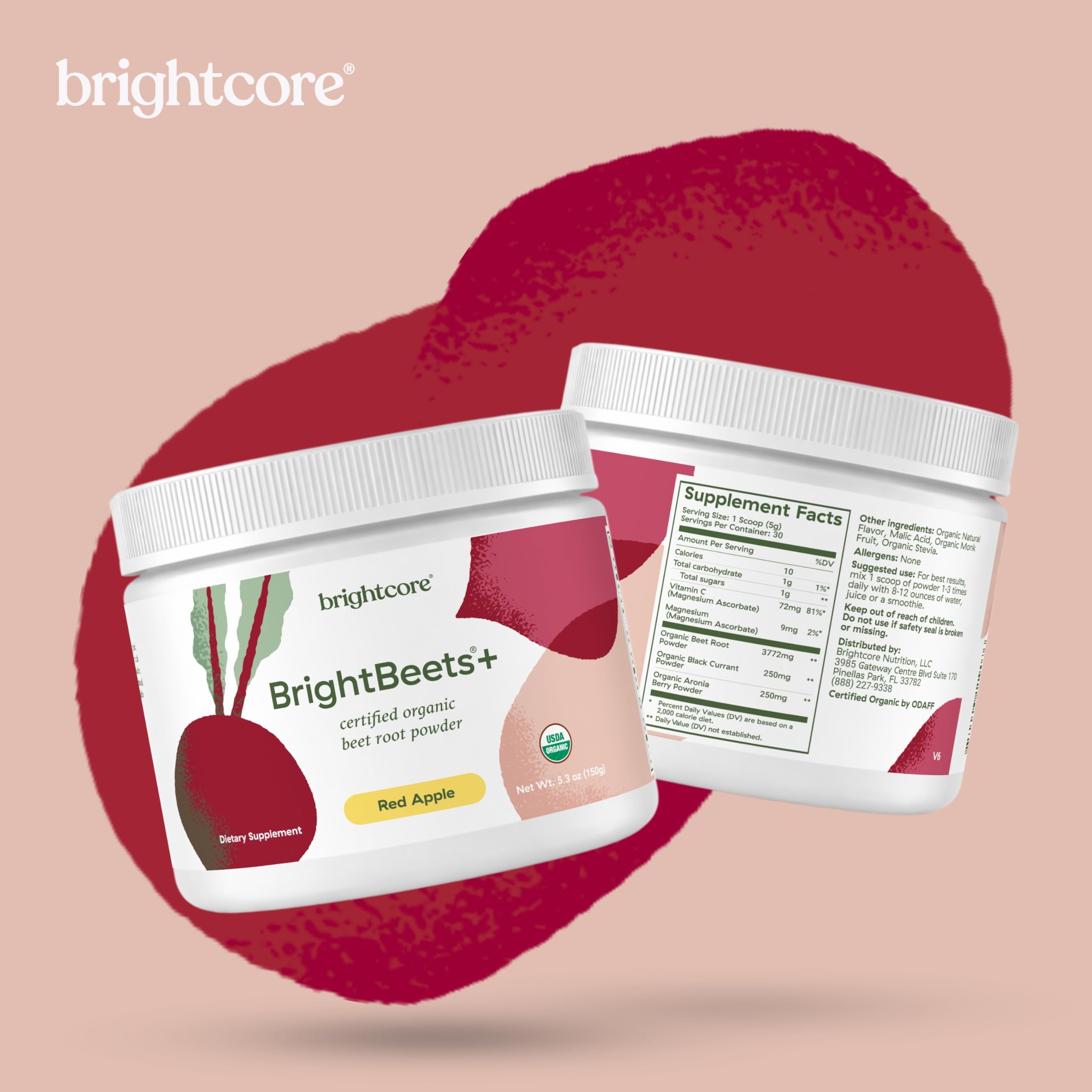 Brightcore BrightBeets Beet Powder – Red Apple Flavor, 150 g, 30 Servings