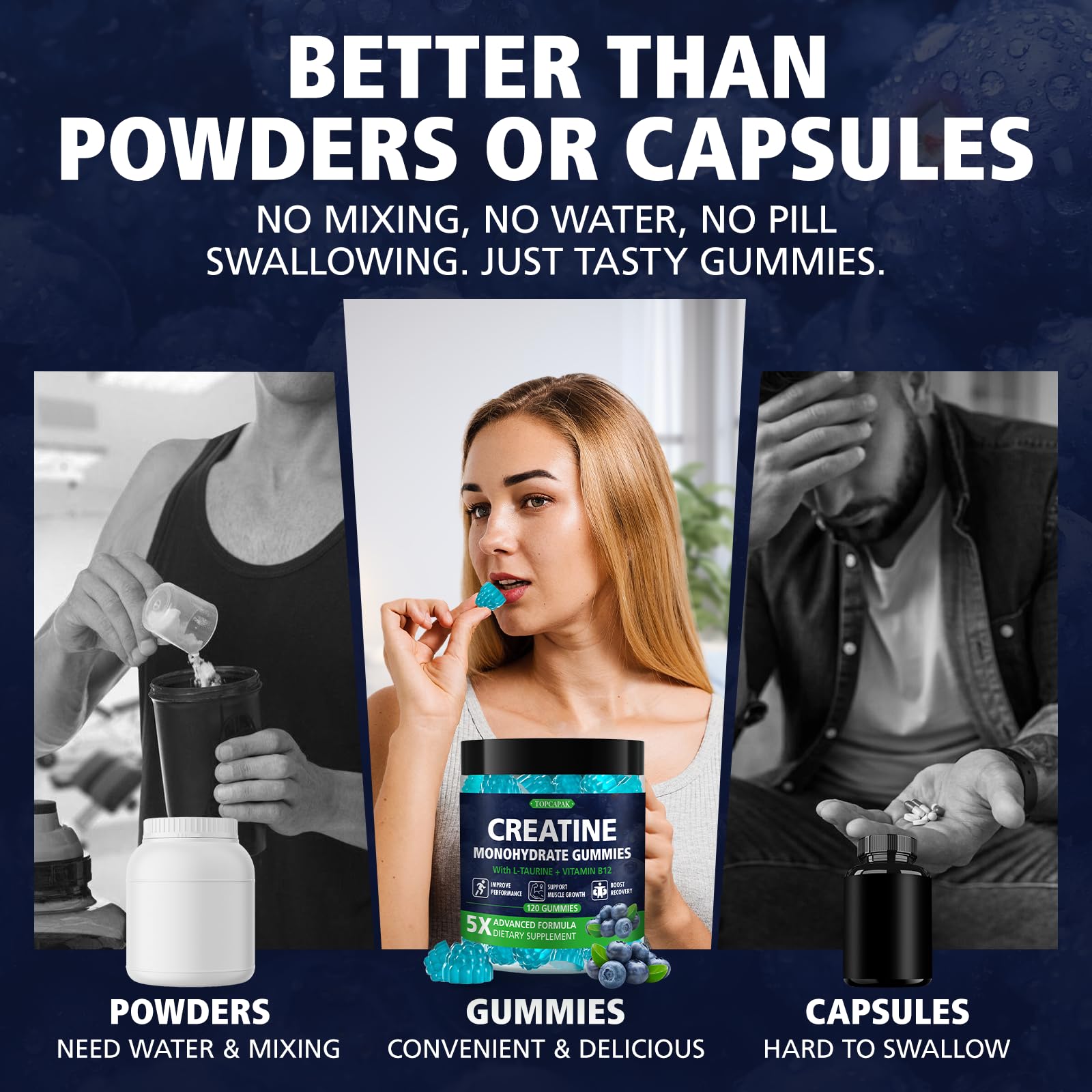 TopCapak Creatine Monohydrate Gummies – Blueberry Flavor, 5g per Serving, 120 Gummies (Men & Women)