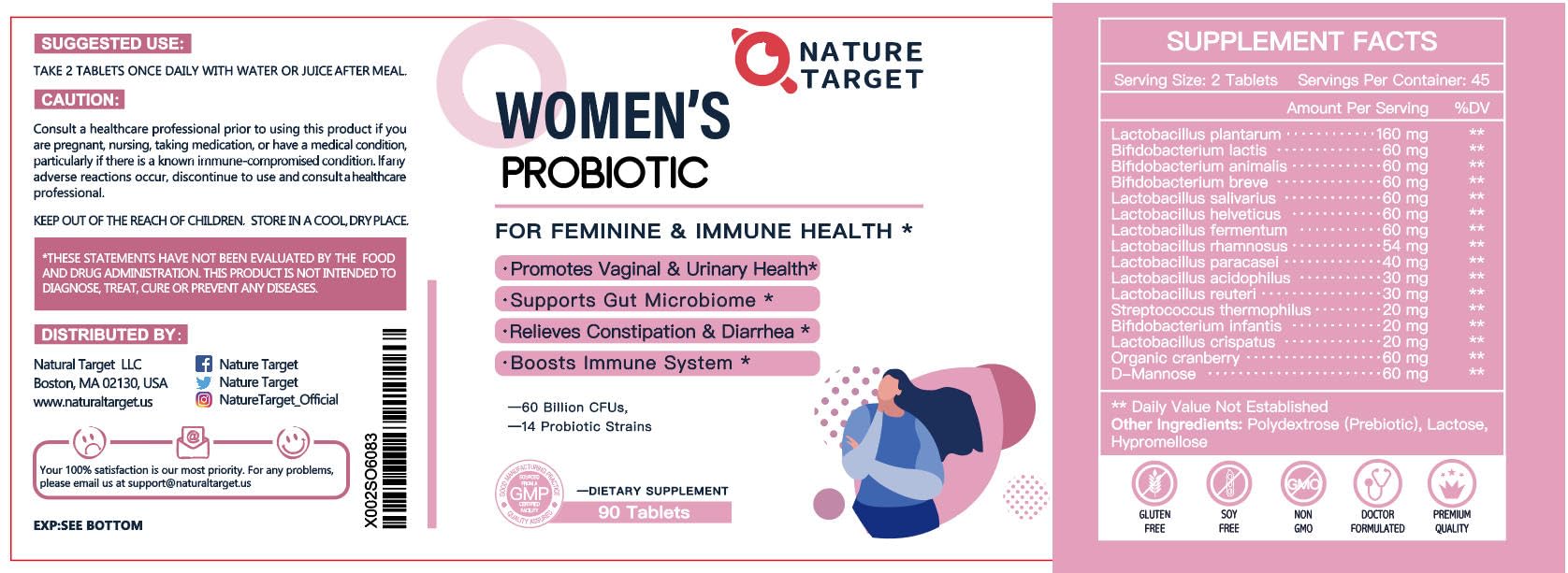 Nature Target Probiotics for Women – 60B CFUs, 14 Strains, Cranberry & D-Mannose (45-Day, 90 Tablets)