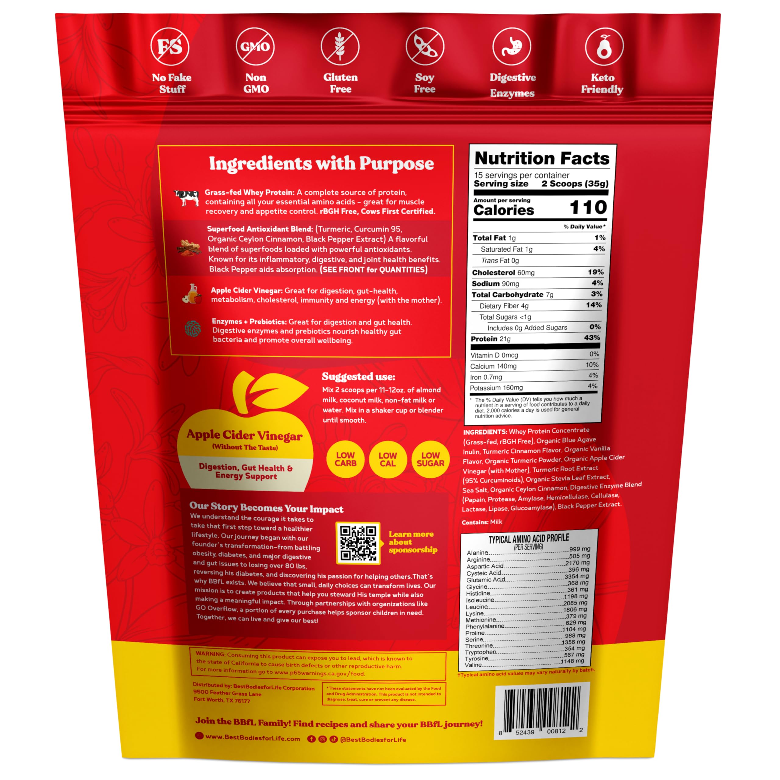 BBfL Batido de Proteína de Suero de Pasto – 21 g, Sin rBGH, Cúrcuma, Canela, Vinagre y Enzimas (15 porciones)
