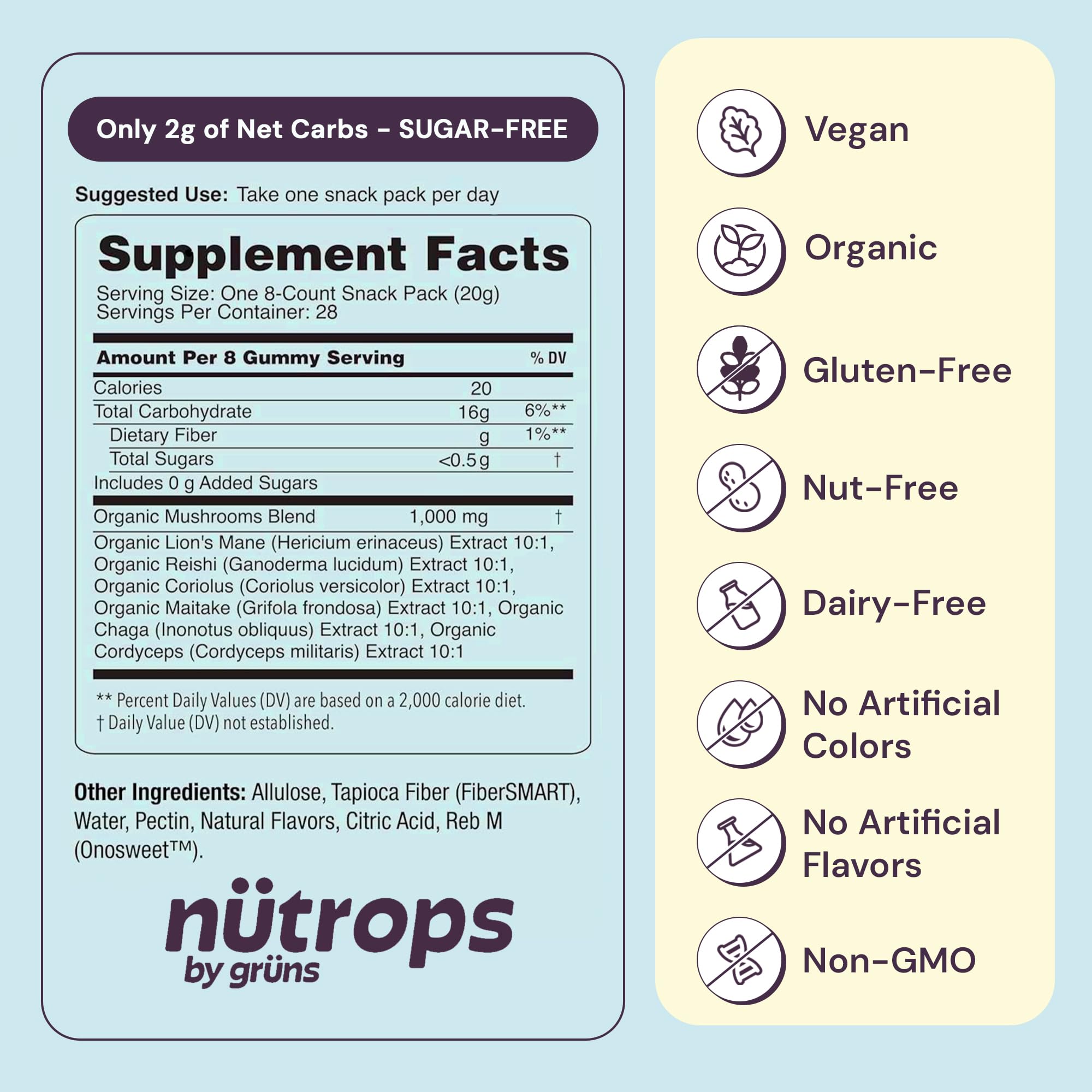 Grüns Nutrops Sugar-Free Lions Mane Gummies — Focus, Energy & Brain Health (28 Day Supply)