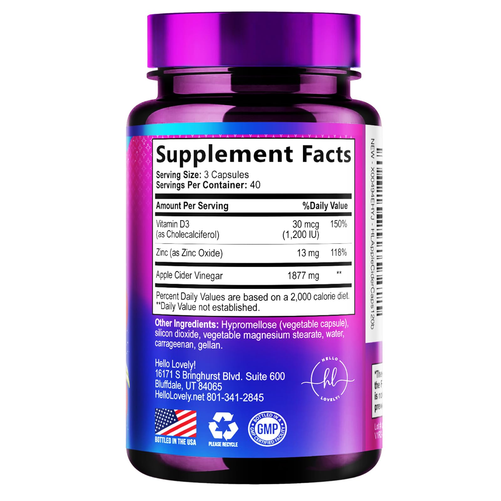 Hello Lovely! Apple Cider Vinegar Capsules 1877mg – Extra Strength with Vitamin D3 & Zinc