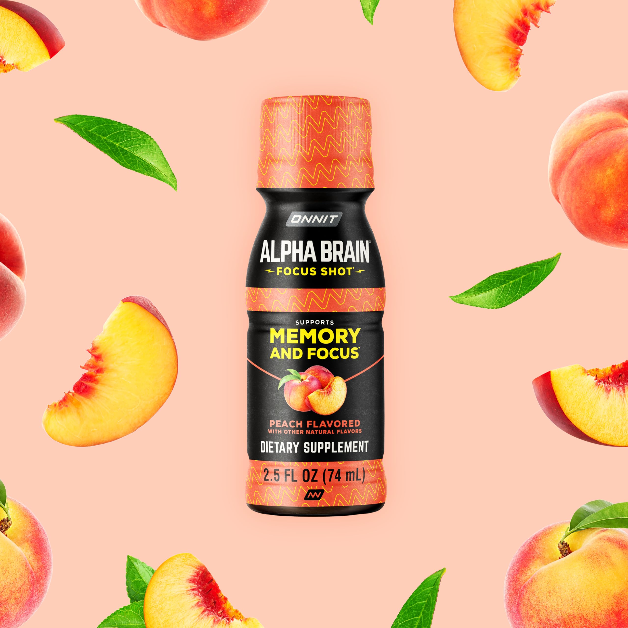 ONNIT Alpha Brain Focus Shot – Peach Flavor | Ready-to-Drink Nootropic for Focus, Energy & Mood | Non-GMO