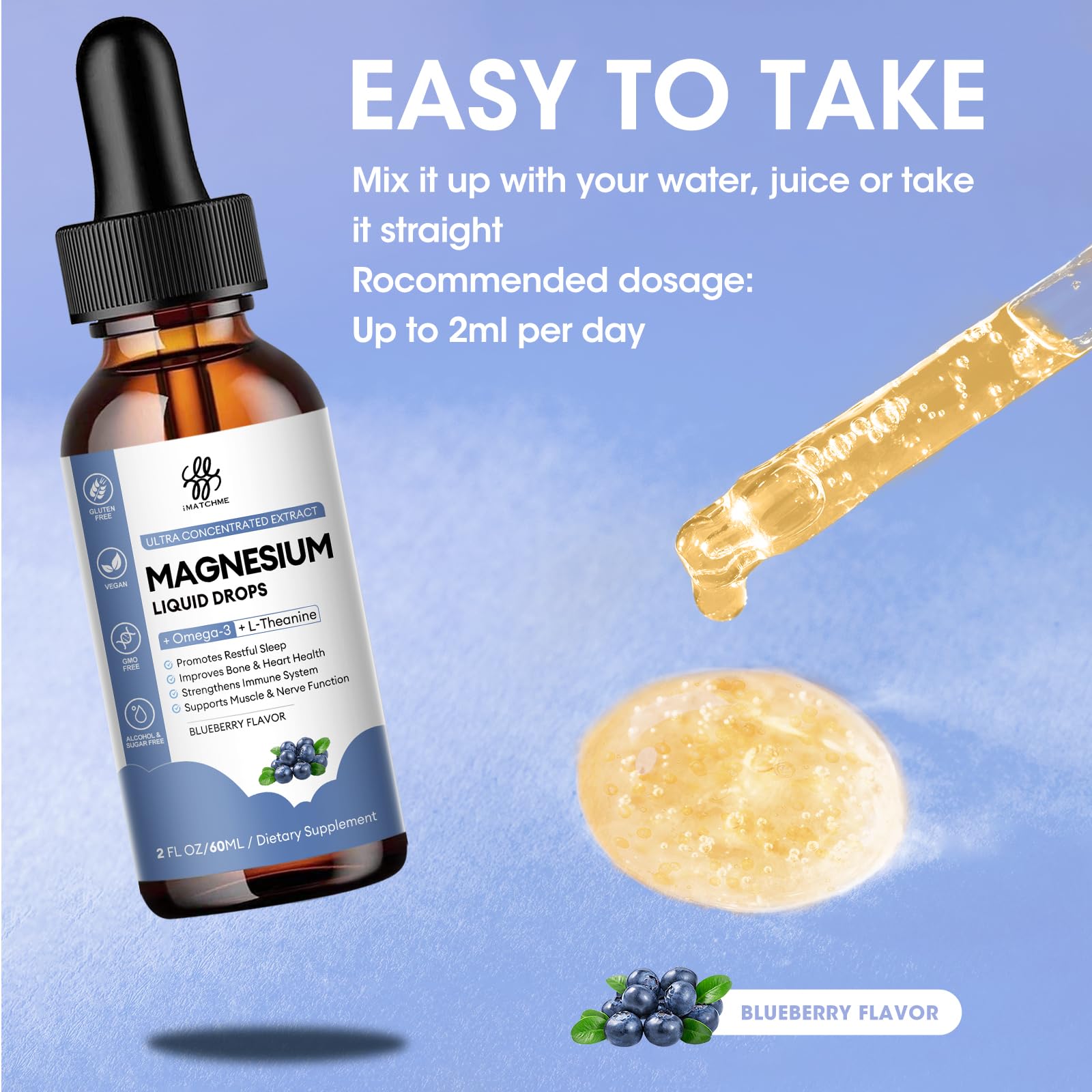 iMATCHME blueberry-flavored liquid signals family-friendly taste for restful evenings.