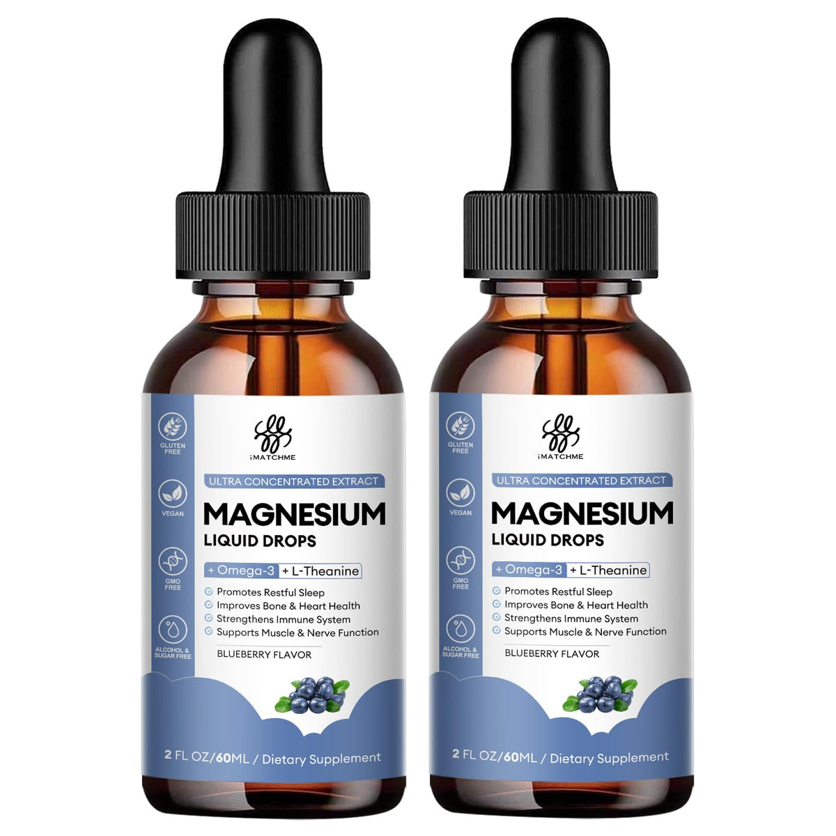 iMATCHME liquid magnesium bottle pour shows calming blueberry flavor and easy dosing.