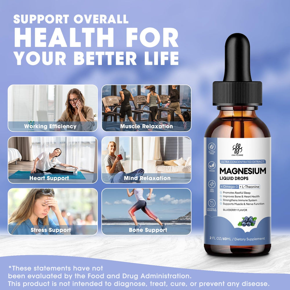 iMATCHME magnesium liquid in glass with blueberry splash evokes flavor and refreshment.