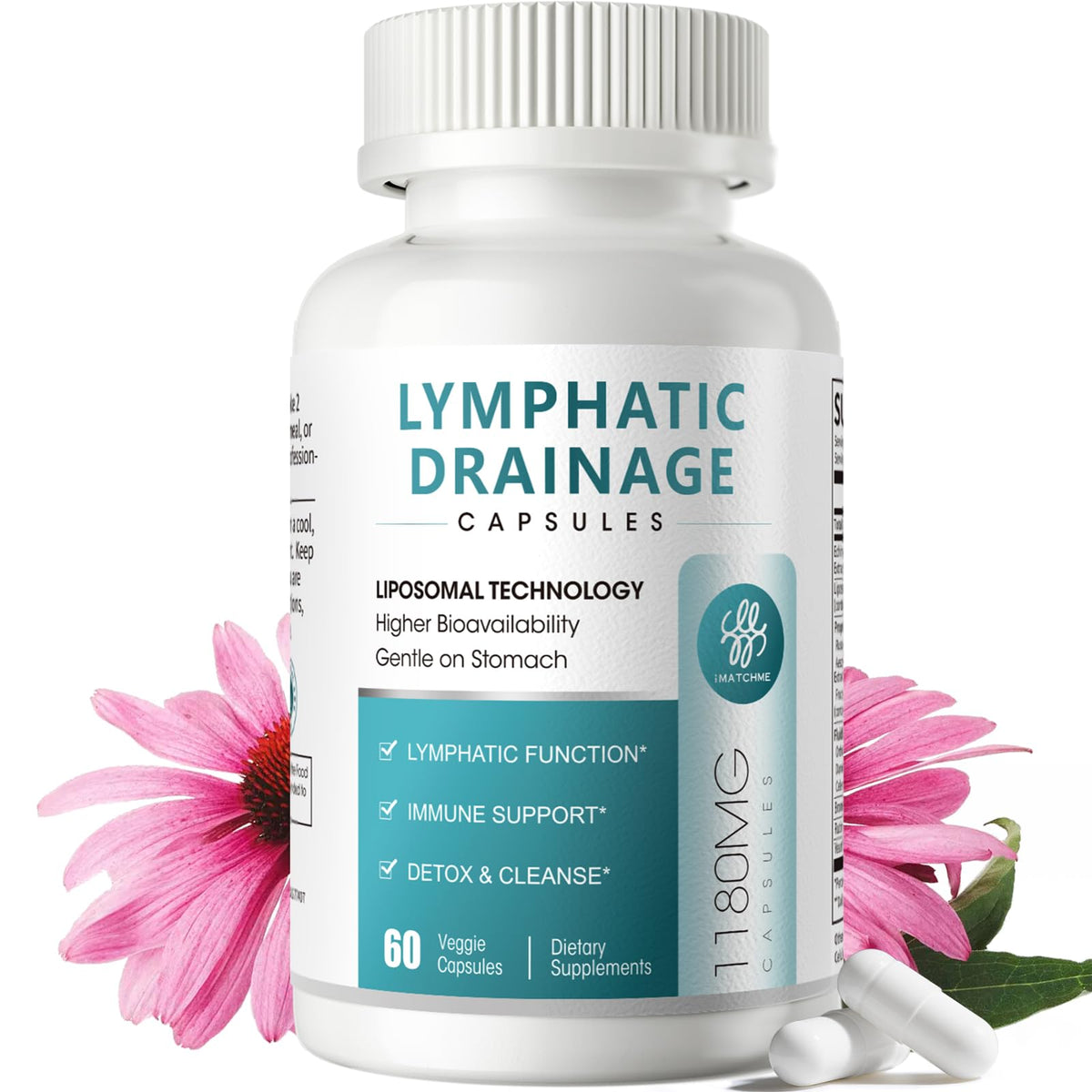 iMATCHME Lymphatic Drainage bottle close-up showing the herbal blend for daily support