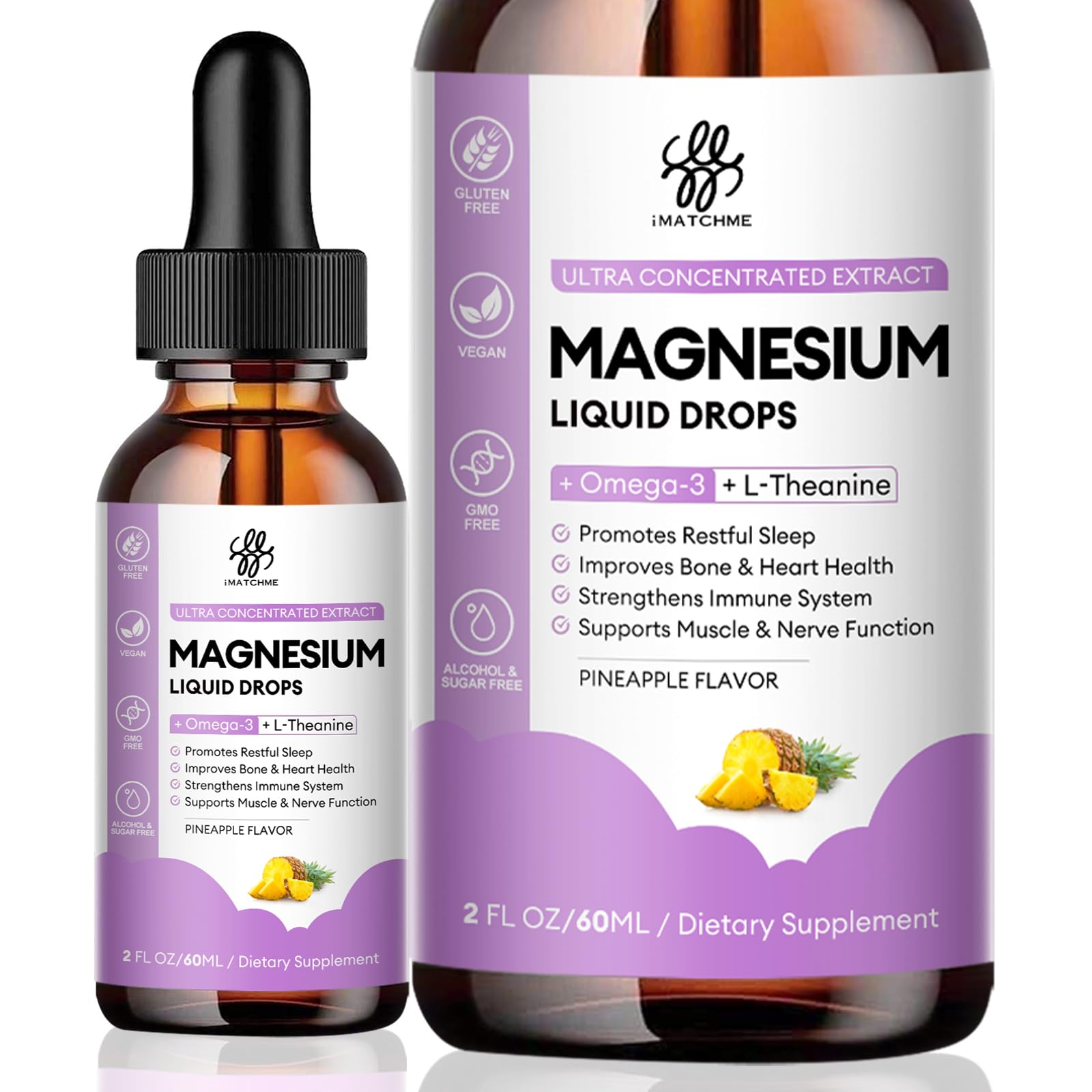 iMATCHME Magnesium Complex Liquid Drops bottle with pineapple flavor for easy daily use
