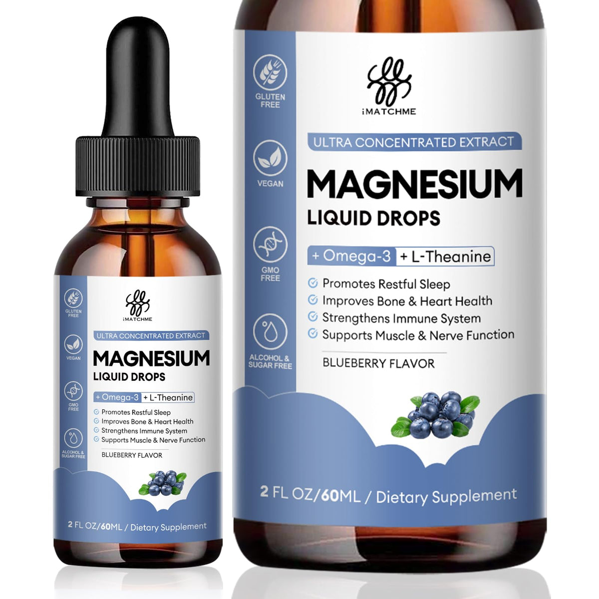 iMATCHME Magnesium Liquid bottle with blueberry flavor for daily calm support.