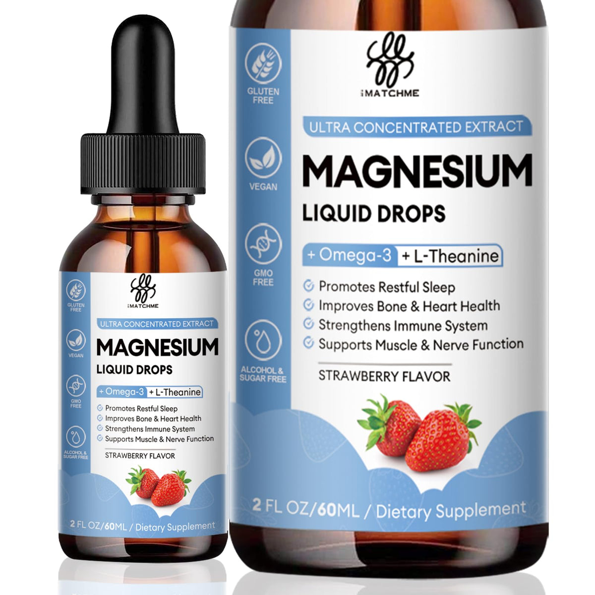 imatchme magnesium liquid bottle shows strawberry flavor for easy daily calm support.
