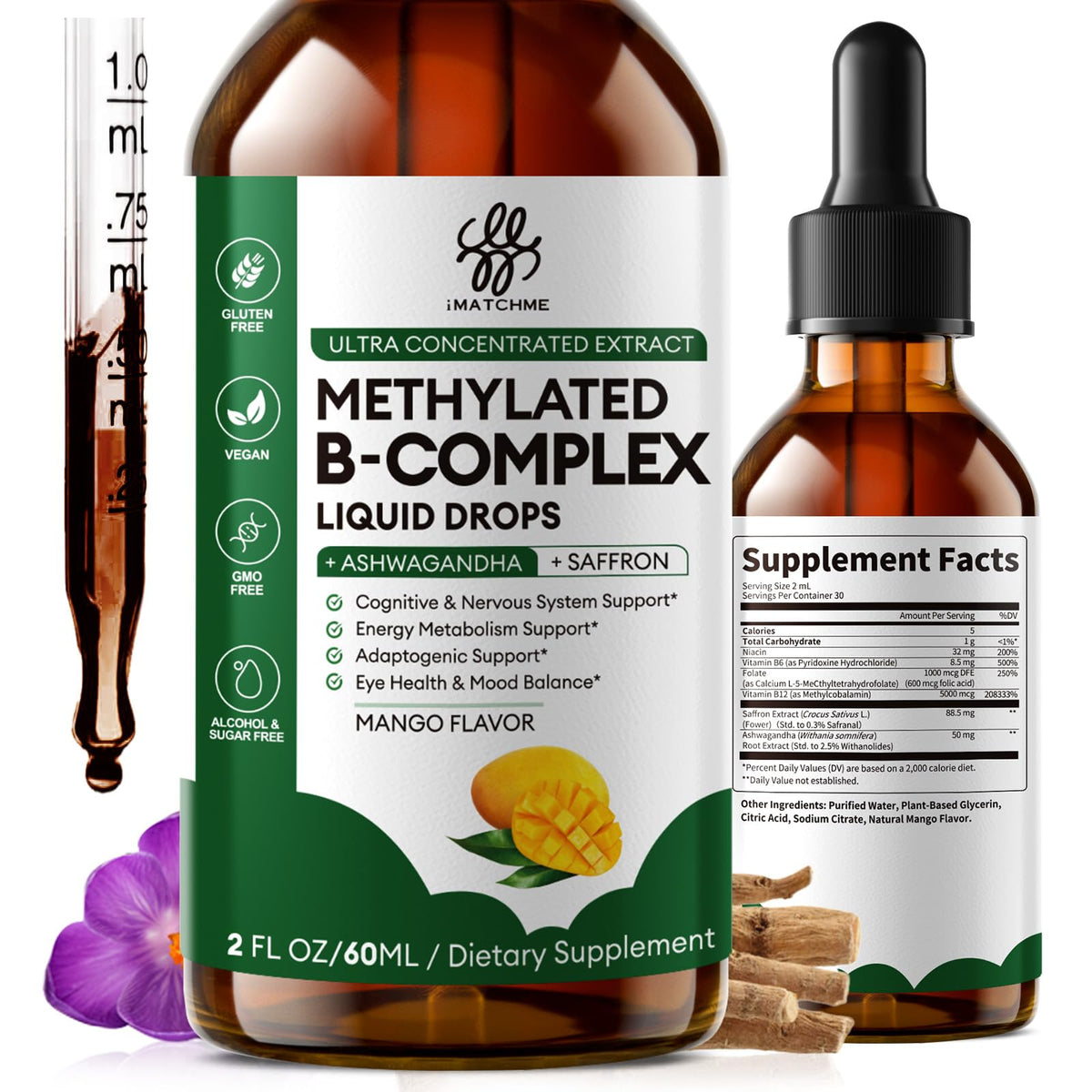 iMATCHME methylated B-complex drops bottle for daily energy support with bioactive vitamins.