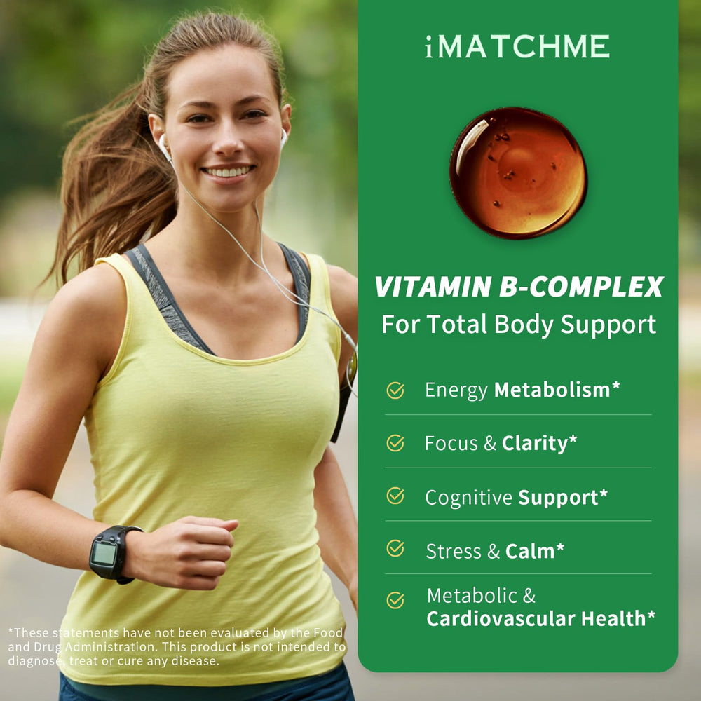 iMATCHME methylated B-complex ingredients list highlights vegan, gluten-free formula.