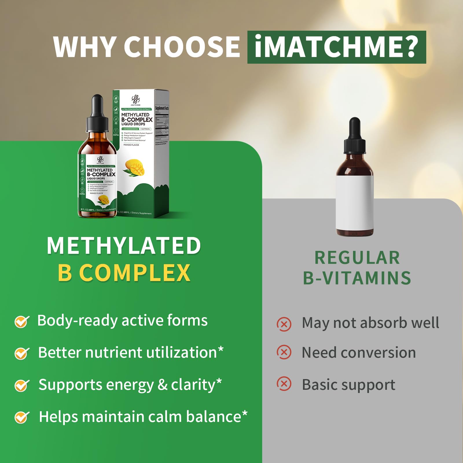 iMATCHME methylated B-complex liquid drops label explains key ingredients and usage.