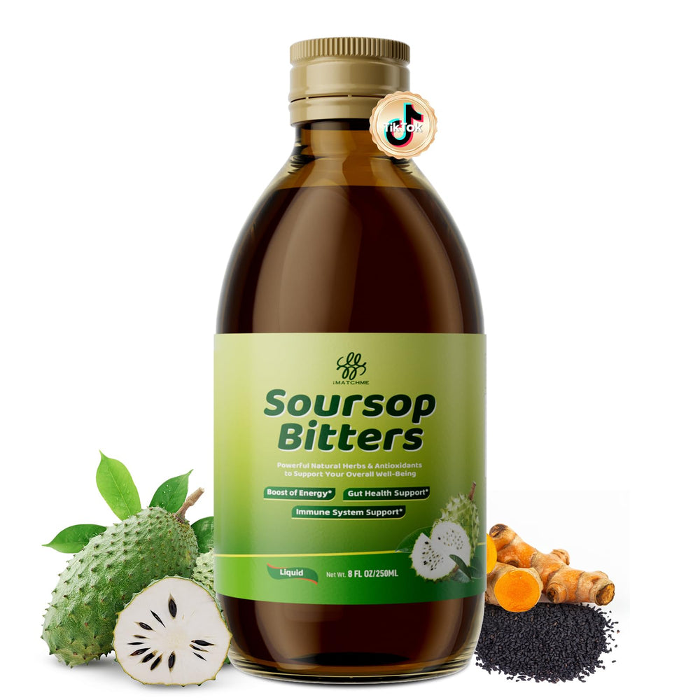 iMATCHME Soursop Bitters bottle on a wooden surface for daily wellness