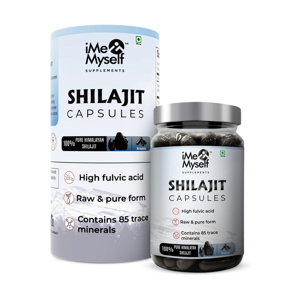 iMeMyself Shilajit Capsules bottle front view; premium quality and value.