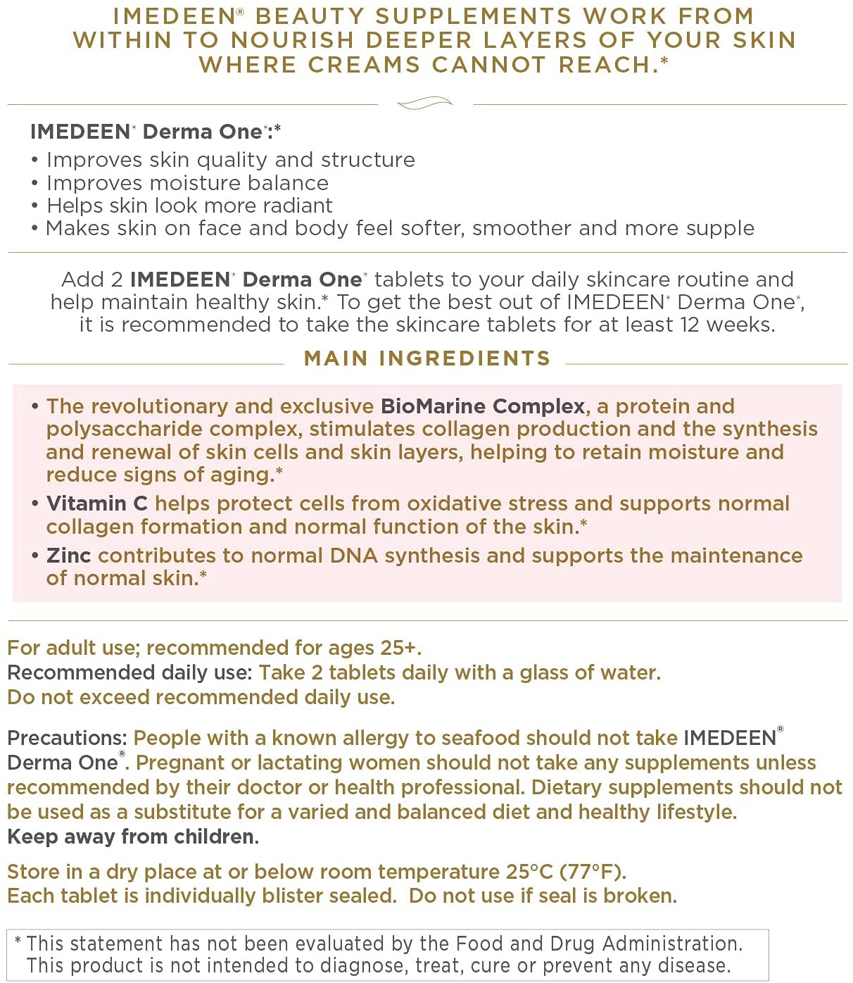 Imedeen Derma One bottle back lists ingredients and usage guidance.