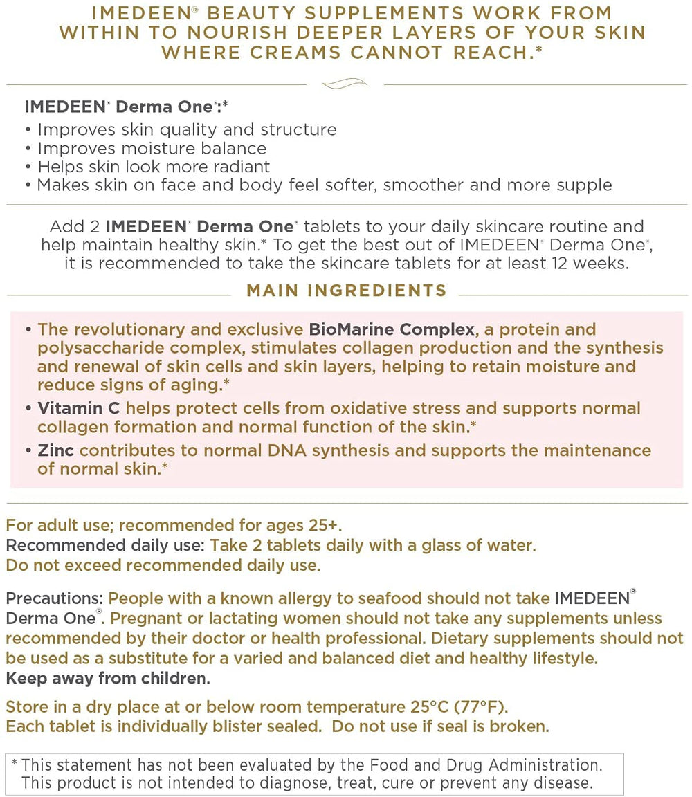 Imedeen Derma One bottle back lists ingredients and usage guidance.