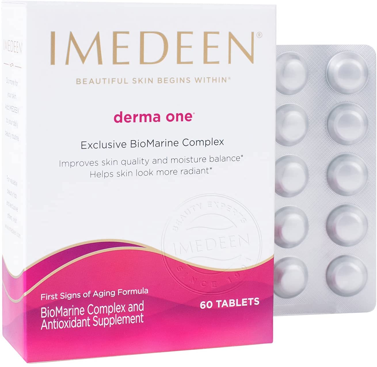 Imedeen Derma One bottle front shows convenient daily skincare supplement.