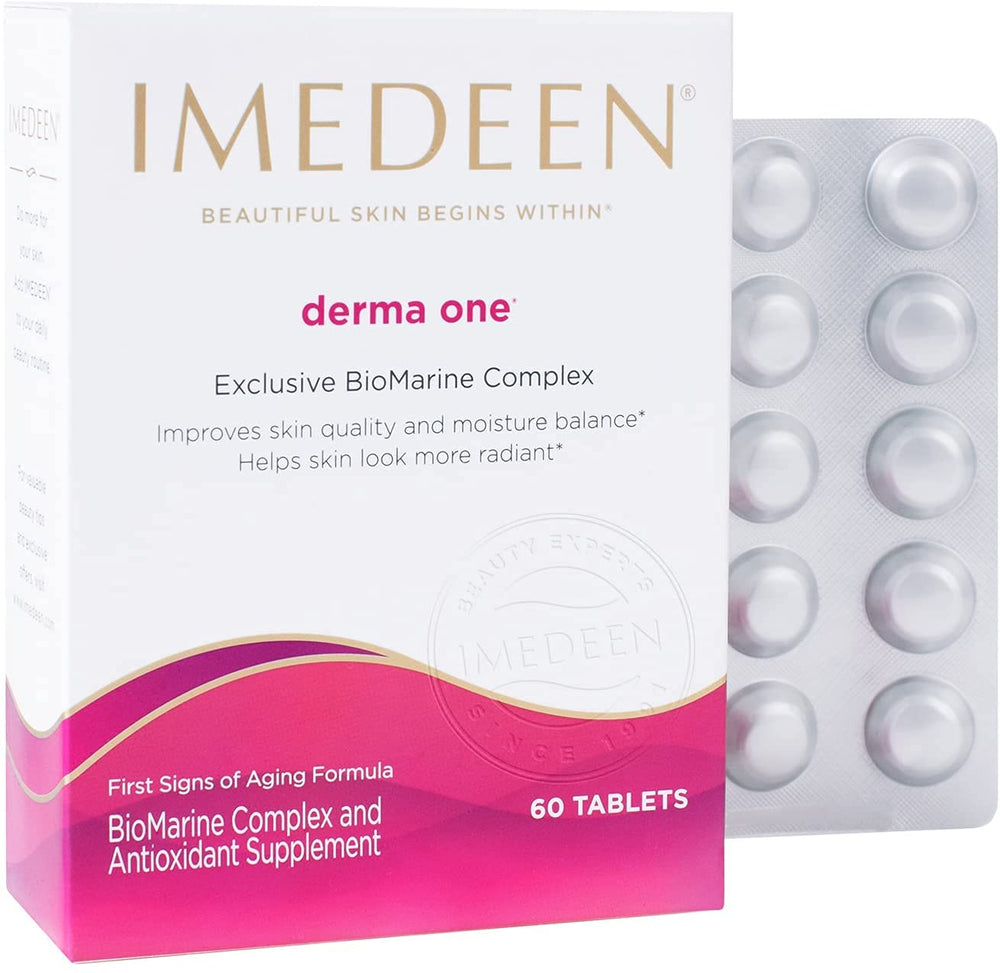 Imedeen Derma One bottle front shows convenient daily skincare supplement.