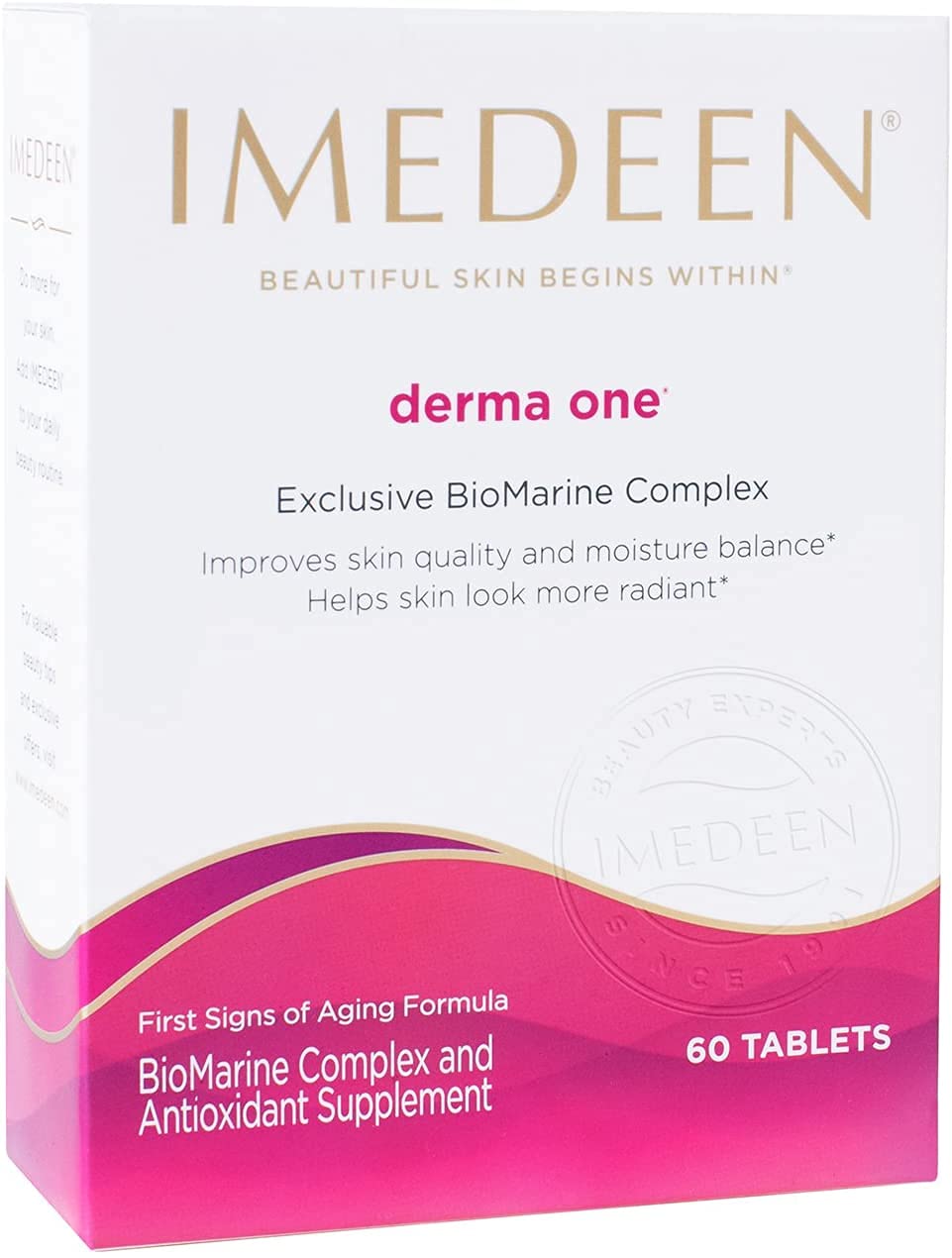Imedeen Derma One tablets close-up, potential support for moisturized, radiant skin.