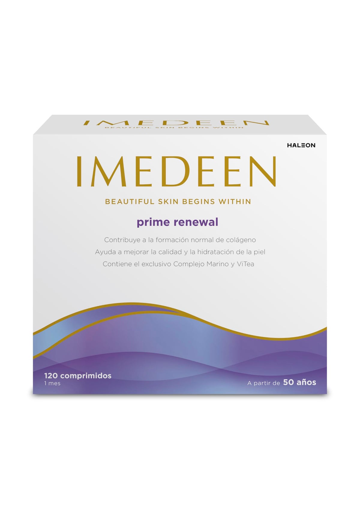 Imedeen Prime Renewal bottle label highlighting collagen support for mature skin.