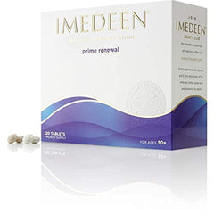 Imedeen Prime Renewal bottle on countertop emphasizing collagen support.