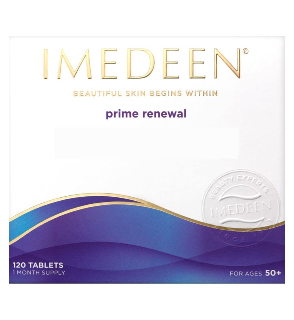 Imedeen Prime Renewal box with glass of water to symbolize daily skincare ritual.
