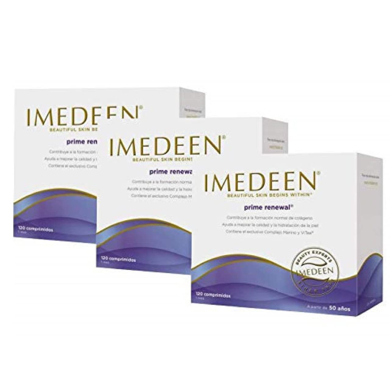 Imedeen Prime Renewal packaging front showcasing 360 tablets for postmenopausal skincare.