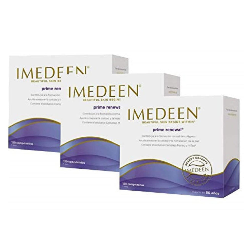 Imedeen Prime Renewal packaging front showcasing 360 tablets for postmenopausal skincare.