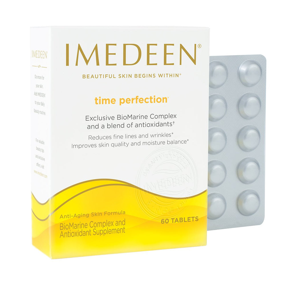 Imedeen Time Perfection capsules closeup highlighting nutrient-rich formula